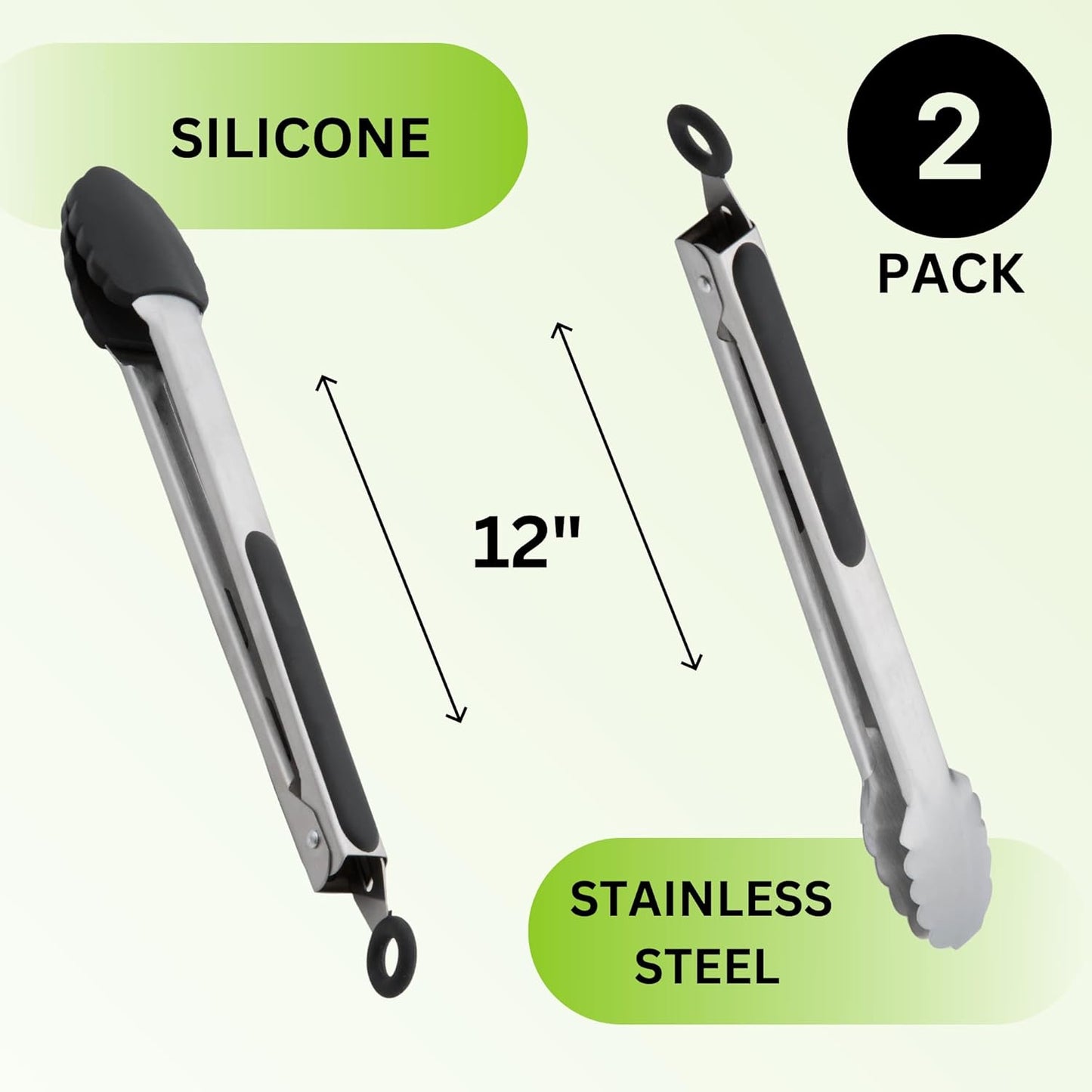 Spring Chef Kitchen Tongs with with Stainless Steel and Silicone Tips 12", Set of 2