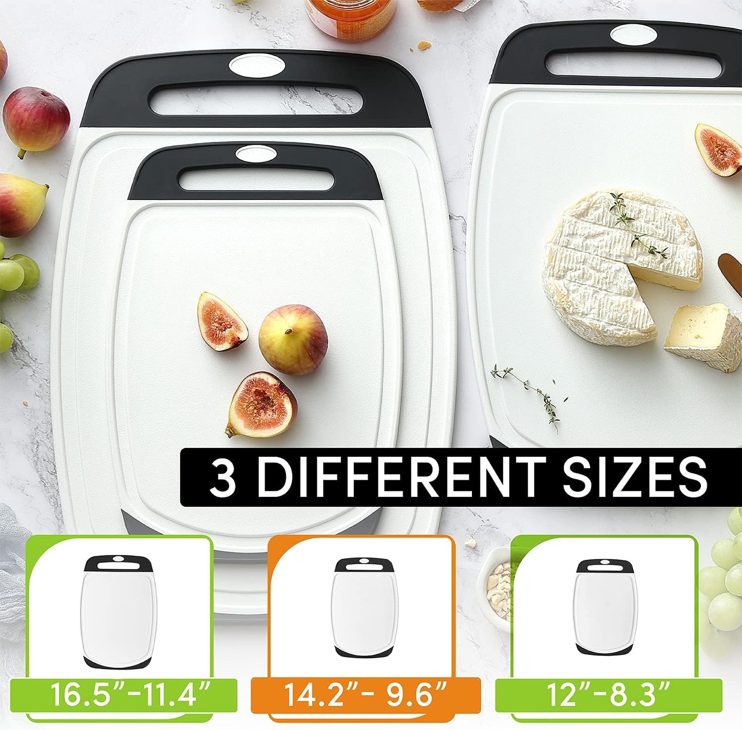 Professional Cutting Boards for Kitchen with Soft Grip, Deep Juice Grooves, Non-Porous Chopping Board, Dishwasher Safe, BPA Free, Set of 3