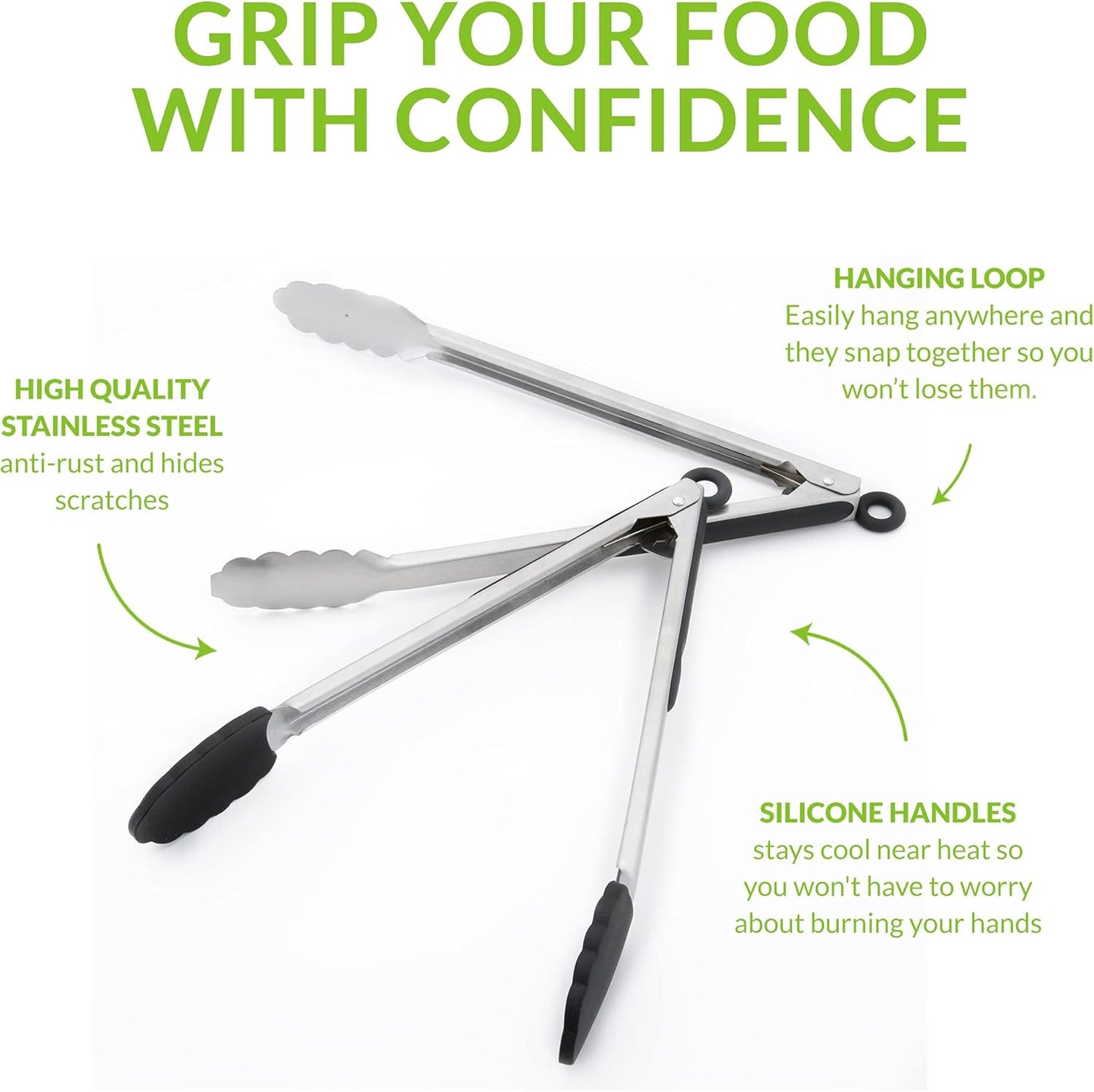 Spring Chef Kitchen Tongs with with Stainless Steel and Silicone Tips 12", Set of 2