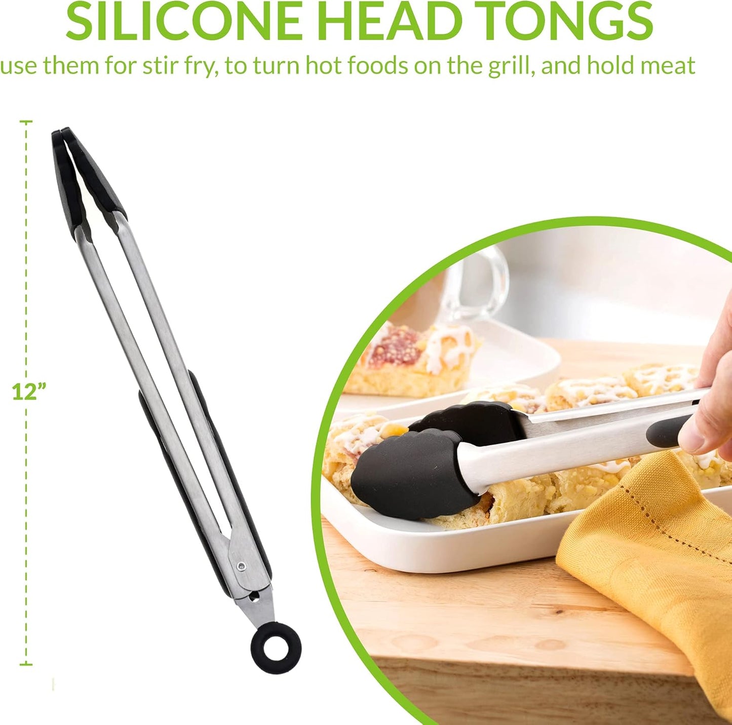 Spring Chef Kitchen Tongs with with Stainless Steel and Silicone Tips 12", Set of 2