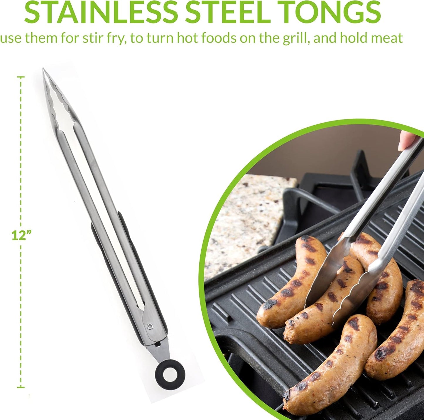 Spring Chef Kitchen Tongs with with Stainless Steel and Silicone Tips 12", Set of 2