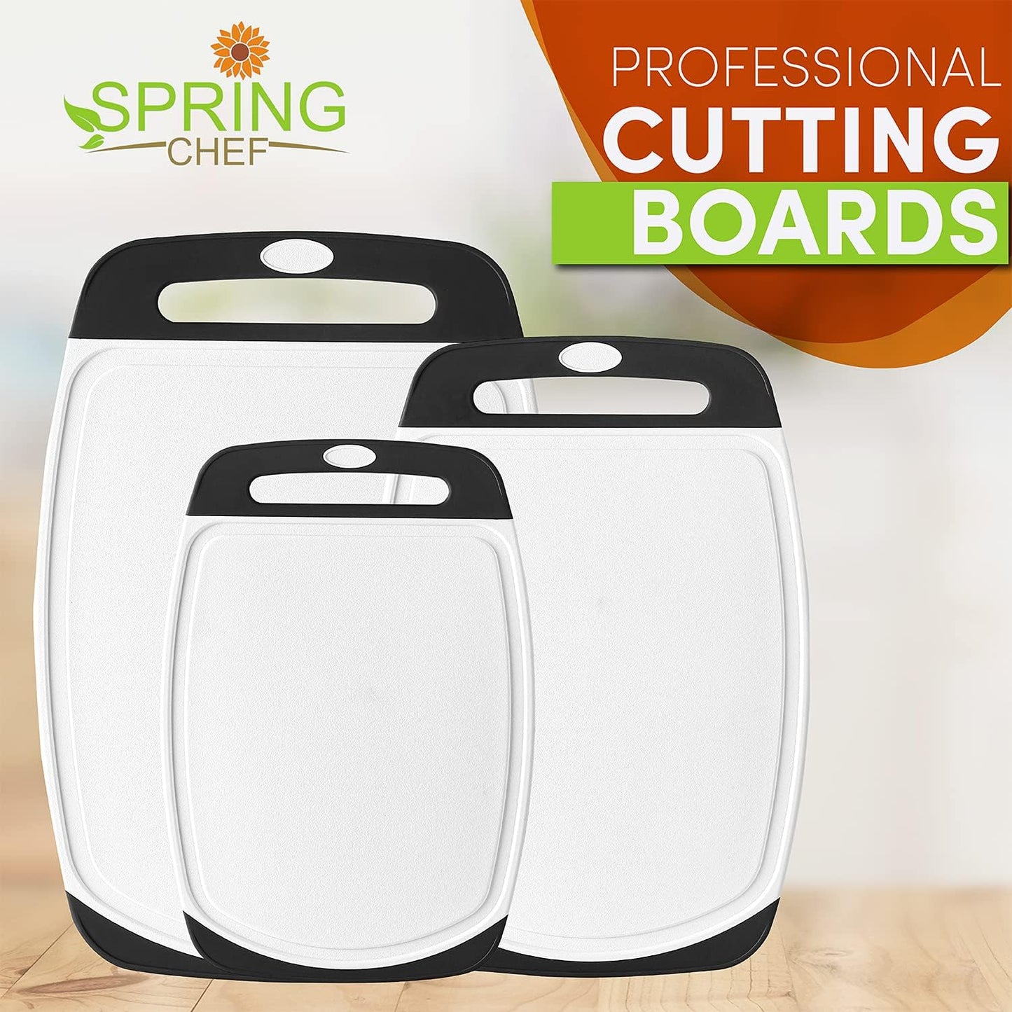 Professional Cutting Boards for Kitchen with Soft Grip, Deep Juice Grooves, Non-Porous Chopping Board, Dishwasher Safe, BPA Free, Set of 3