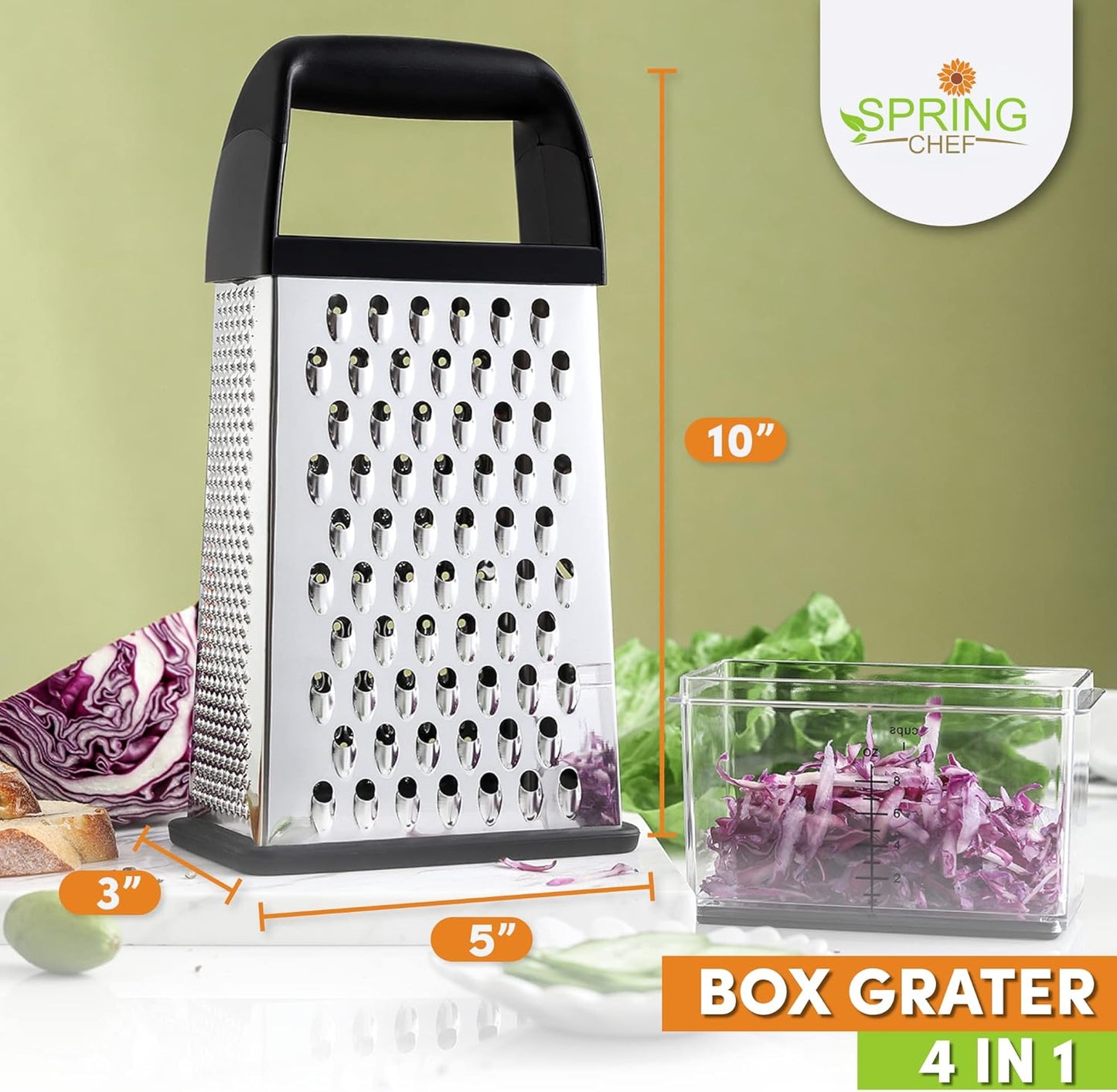 Professional Box Grater With Storage Container, Stainless Steel & Soft Grip Handle, 4 Sides, Handheld Kitchen Food Shredder