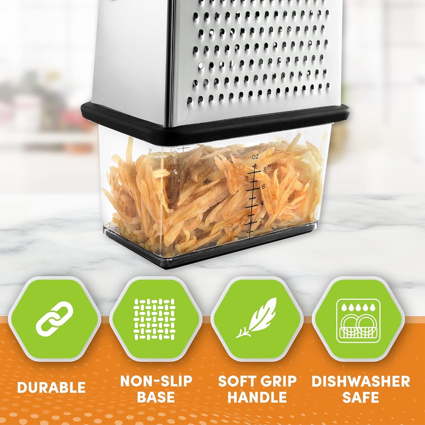 Professional Box Grater With Storage Container, Stainless Steel & Soft Grip Handle, 4 Sides, Handheld Kitchen Food Shredder