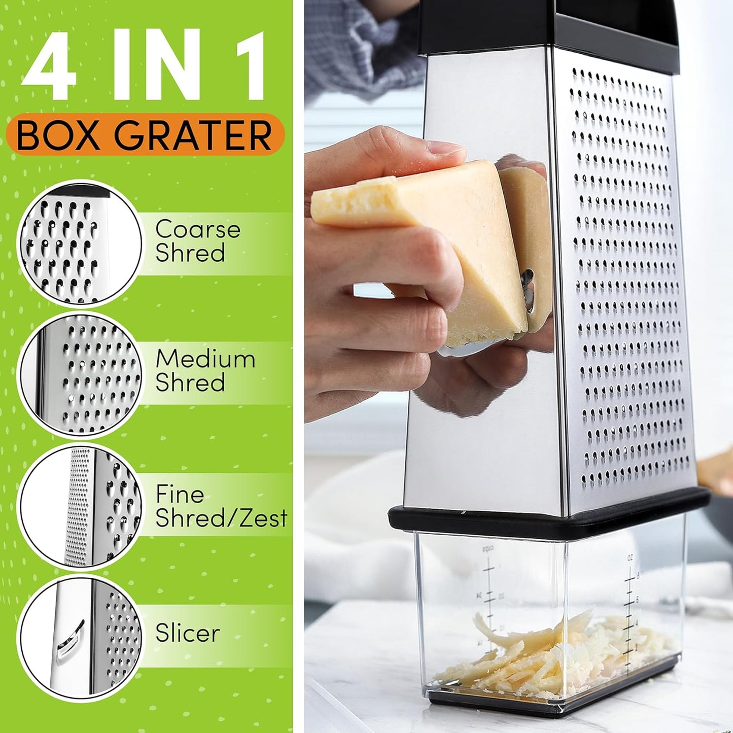 Professional Box Grater With Storage Container, Stainless Steel & Soft Grip Handle, 4 Sides, Handheld Kitchen Food Shredder