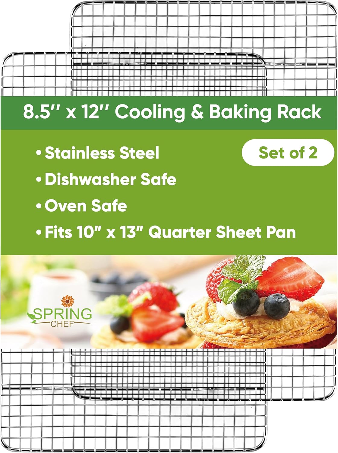 Spring Chef Cooling Rack - Baking Rack - Heavy Duty, 100% Stainless Steel, Oven Safe, 8.5" x 12" Fits Small Quarter Sheet Pan