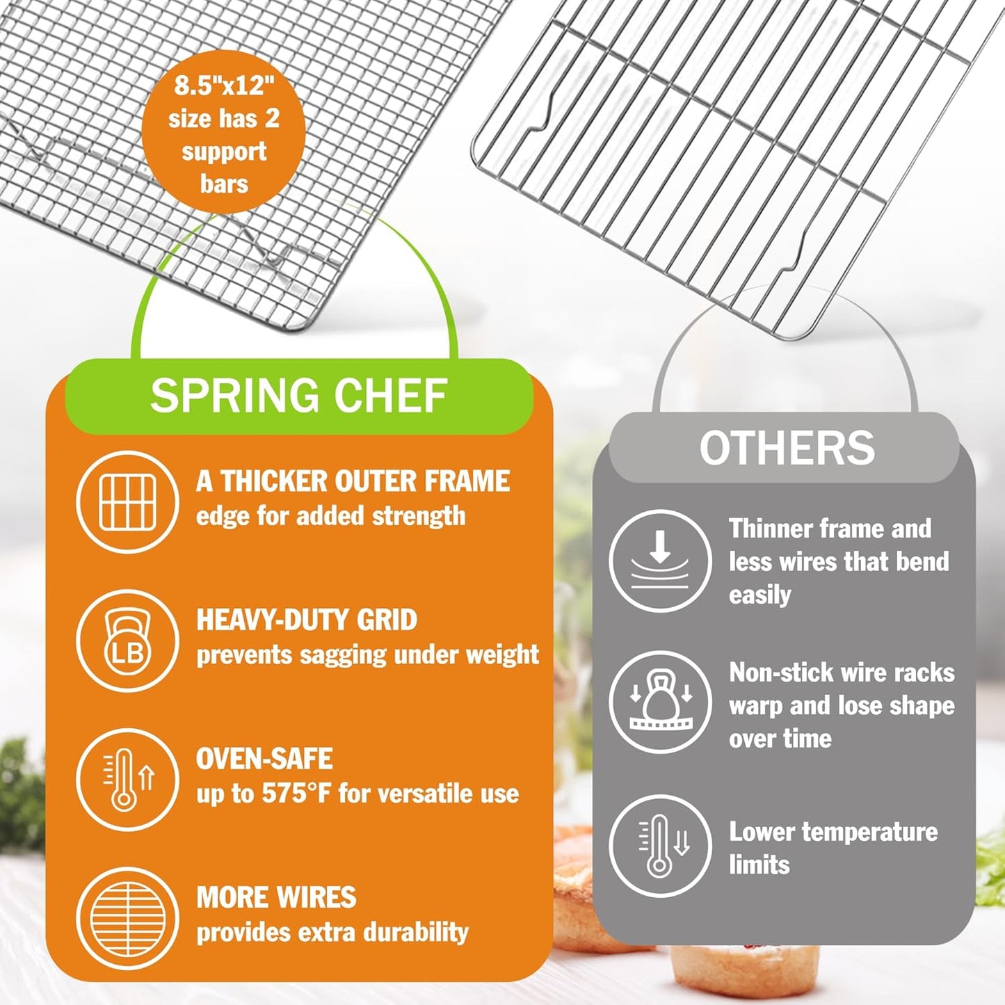 Spring Chef Cooling Rack - Baking Rack - Heavy Duty, 100% Stainless Steel, Oven Safe, 8.5" x 12" Fits Small Quarter Sheet Pan