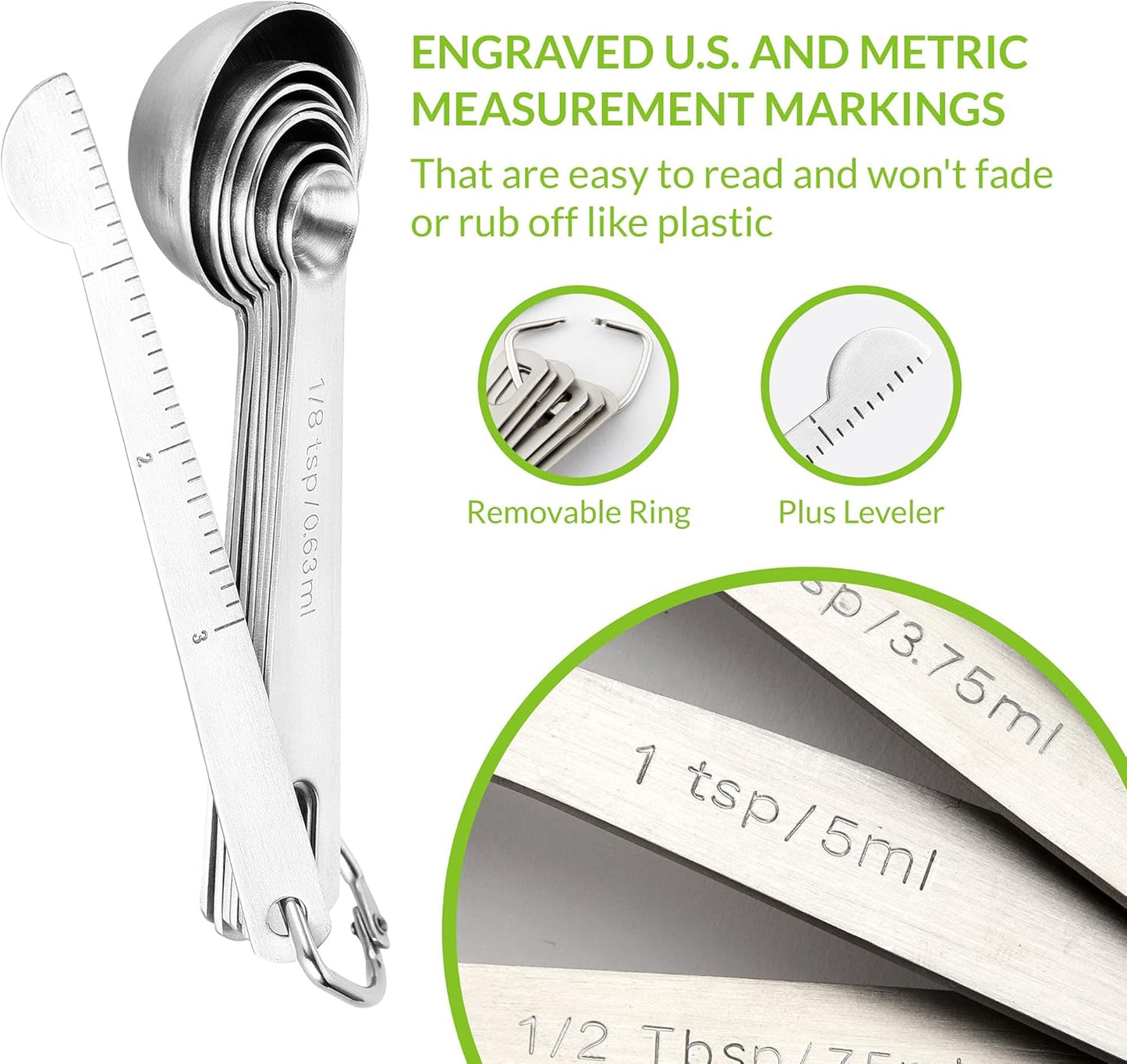 Spring Chef Measuring Spoons, Heavy Duty Round Stainless Steel Metal, for Dry or Liquid - Set of 7