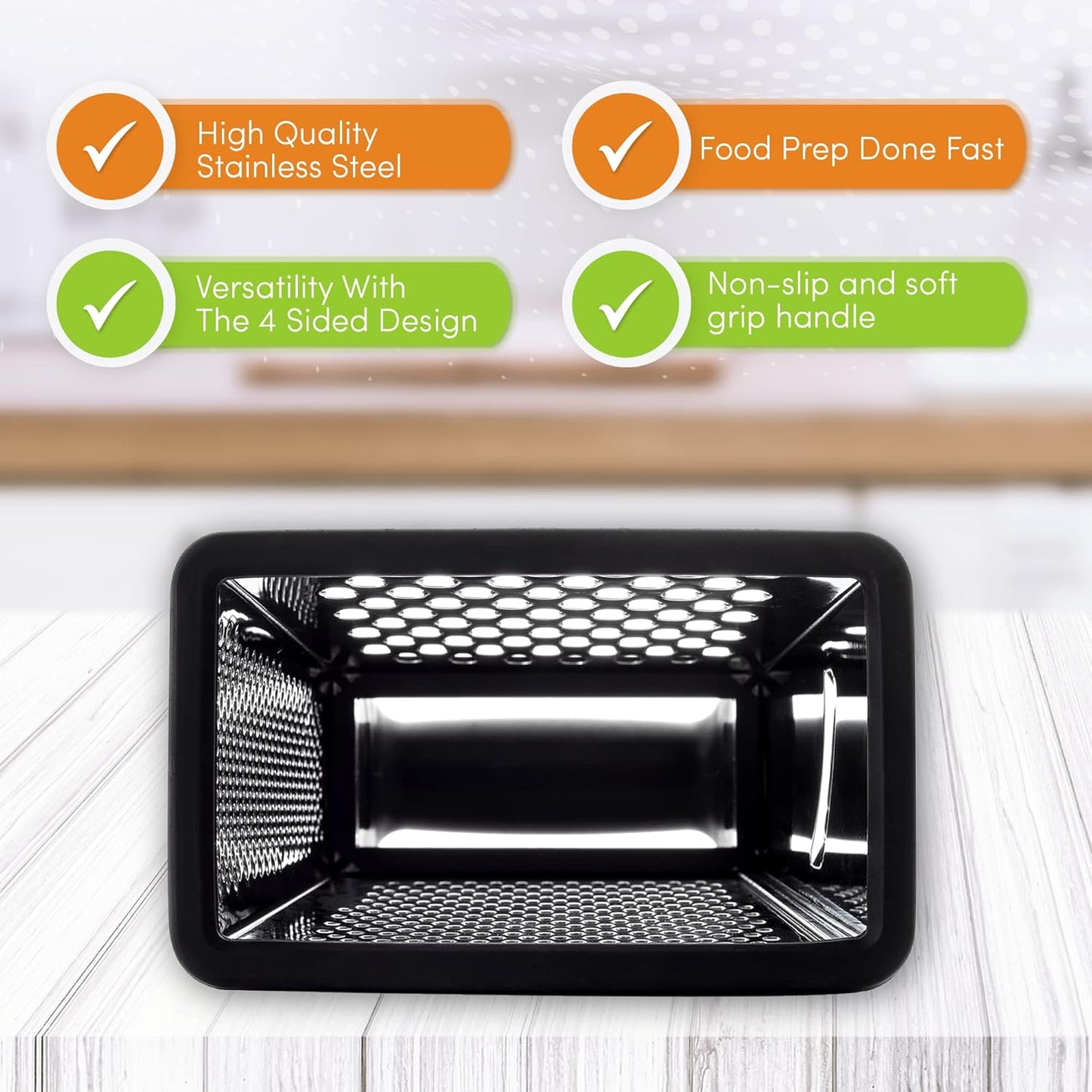 Professional Box Grater With Storage Container, Stainless Steel & Soft Grip Handle, 4 Sides, Handheld Kitchen Food Shredder