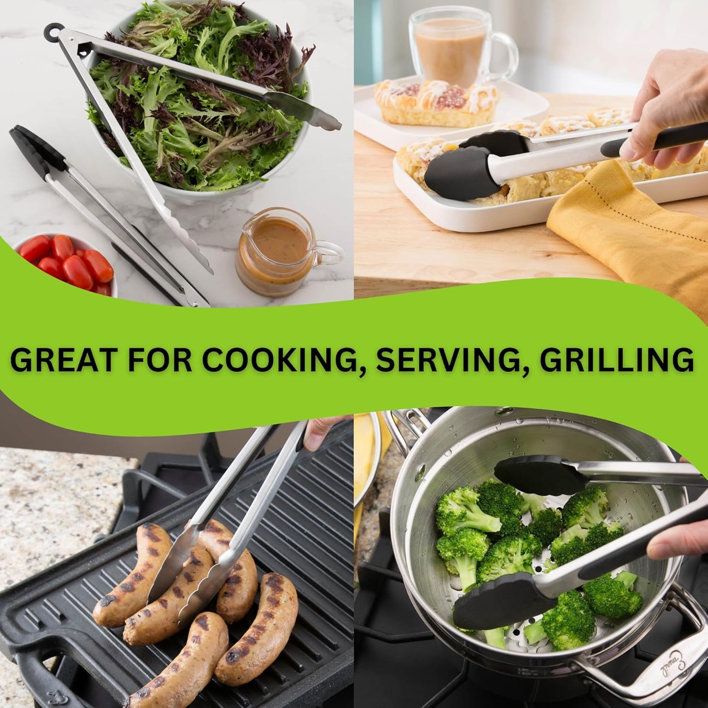 Spring Chef Kitchen Tongs with with Stainless Steel and Silicone Tips 12", Set of 2