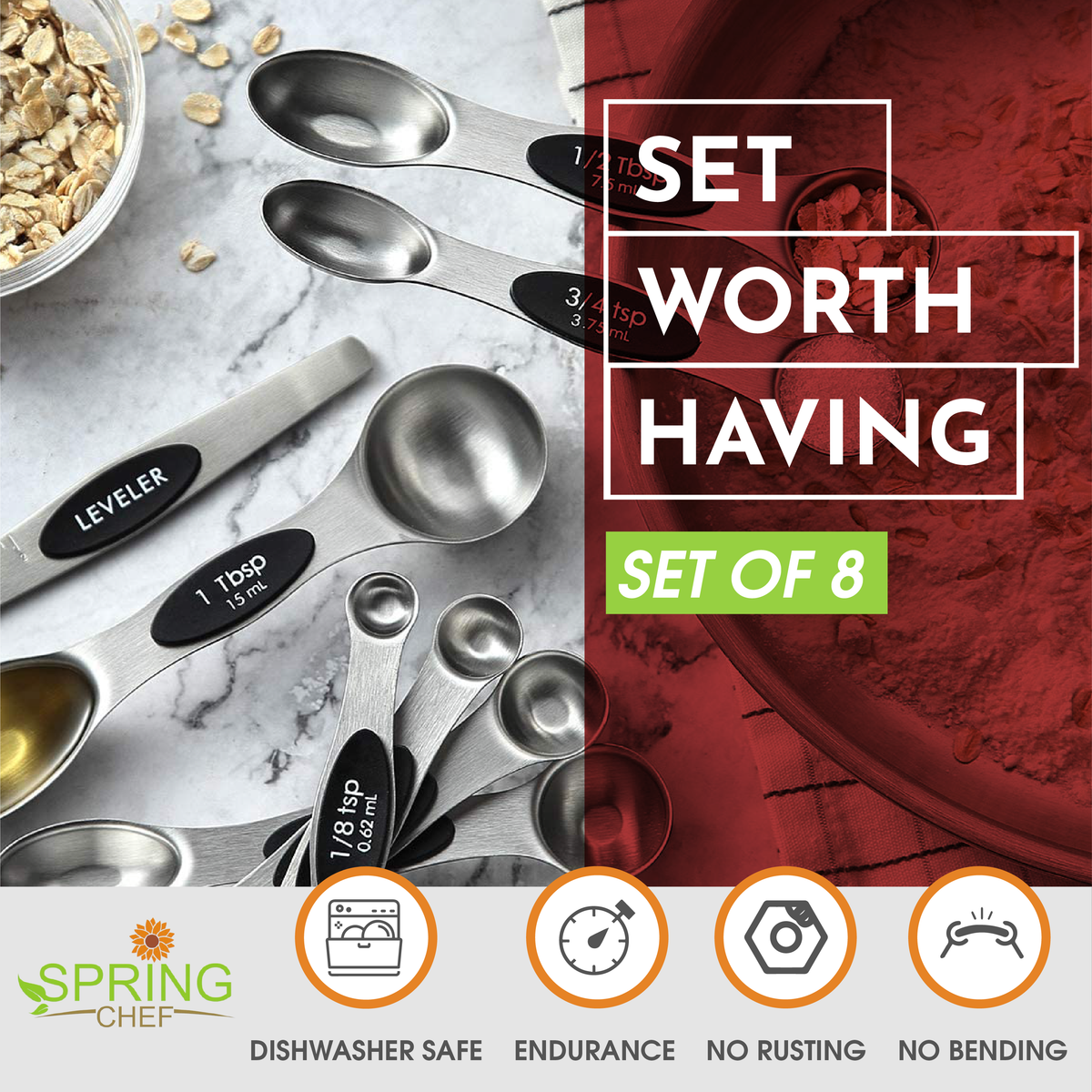 Magnetic Measuring Spoons Set, Dual Sided Stainless Steel Measuring Spoon Fits in Spice Jars Set of 8 for Dry and Liquid Ingredients Oil, Salt and Sau