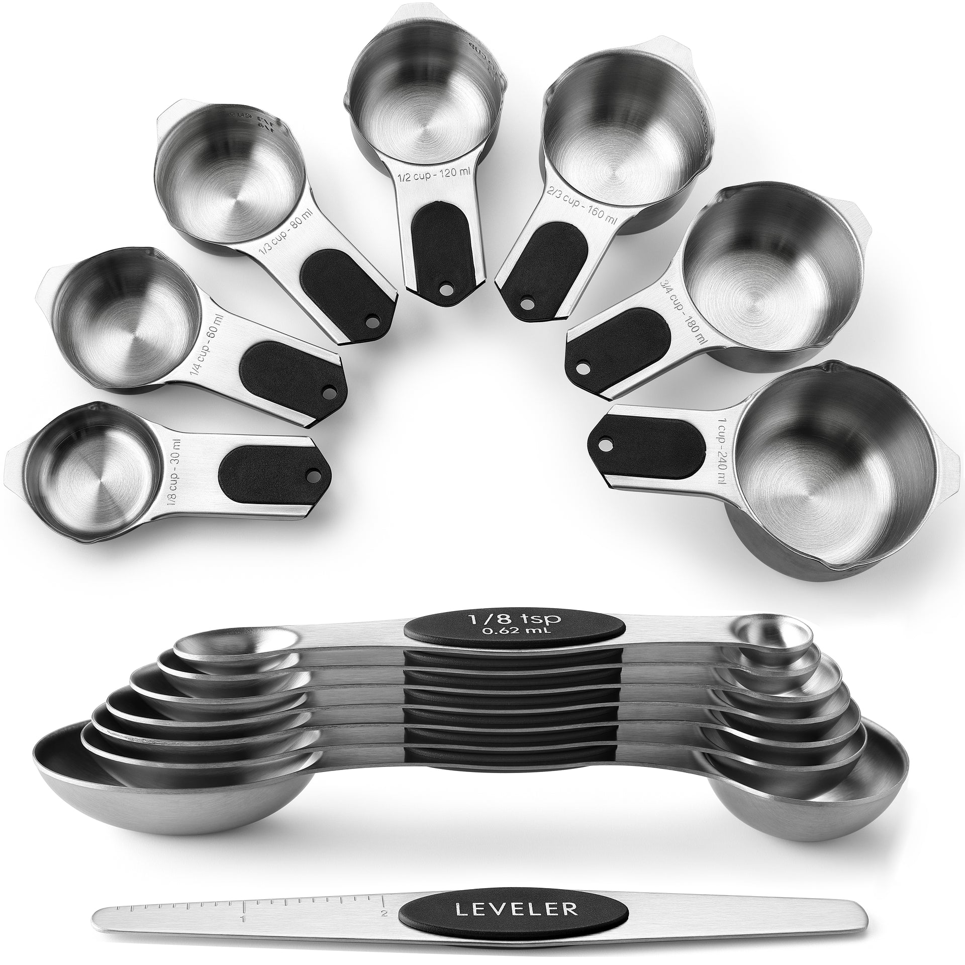 Magnetic Cups and Spoons, Set of 15, Stainless Steel - Black