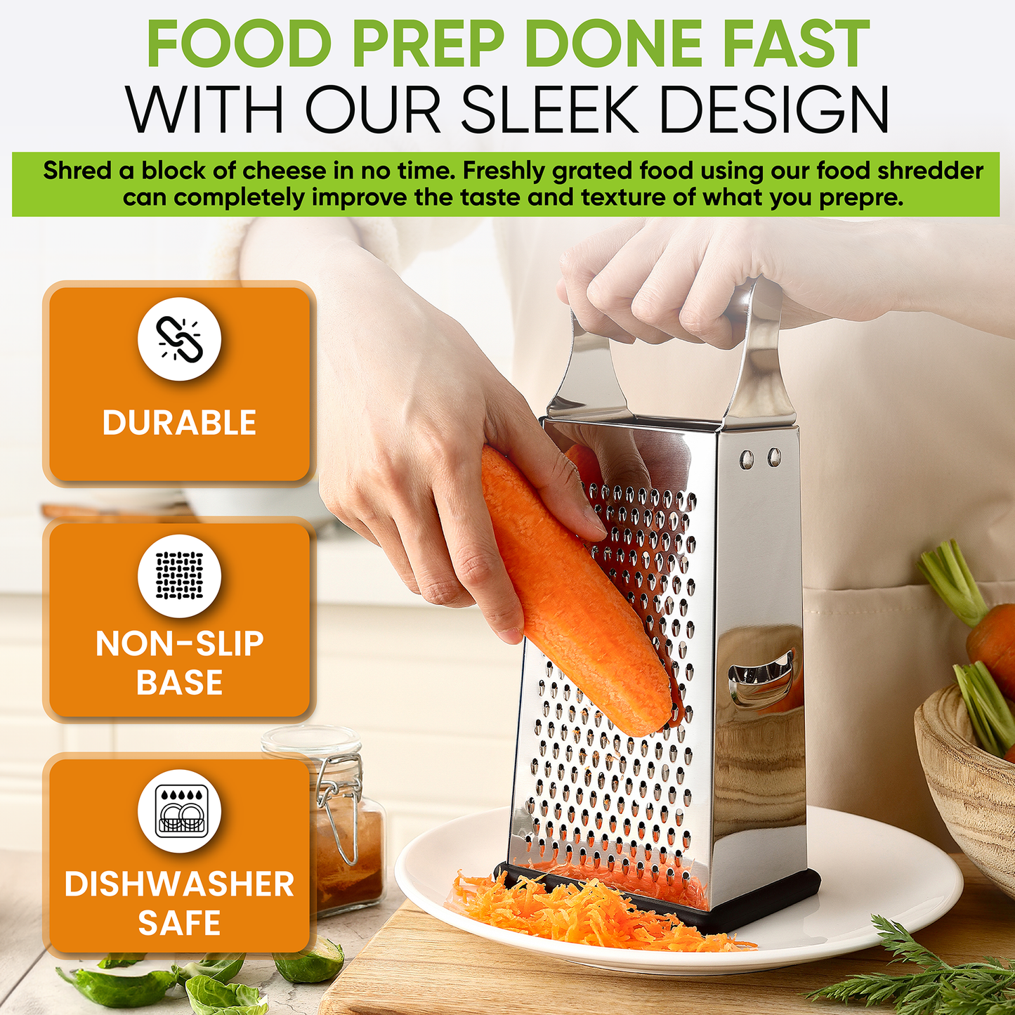 Professional Box Grater, 100% Stainless Steel with 4 Sides, Best for Parmesan Cheese, Vegetables, Ginger
