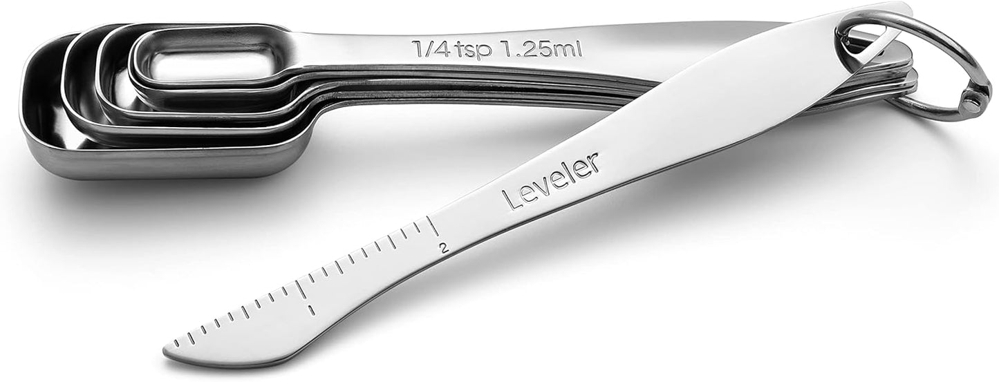 Heavy Duty Rectangular Stainless Steel Metal Measuring Spoons (Set of 6 Including Leveler)