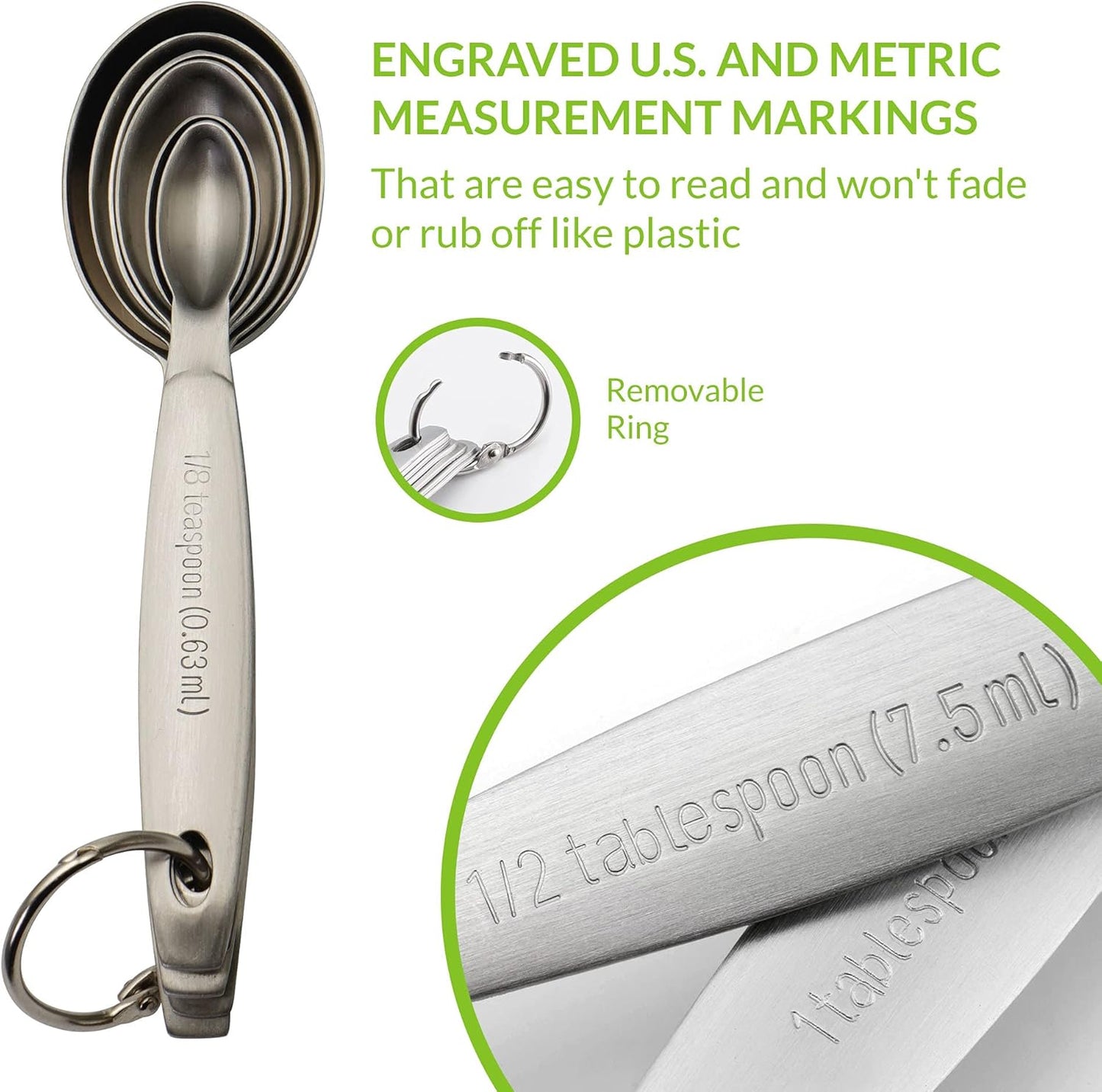 Spring Chef Measuring Spoons, Heavy Duty Oval Stainless Steel Metal, for Dry or Liquid - Fits in Spice Jar, Set of 7