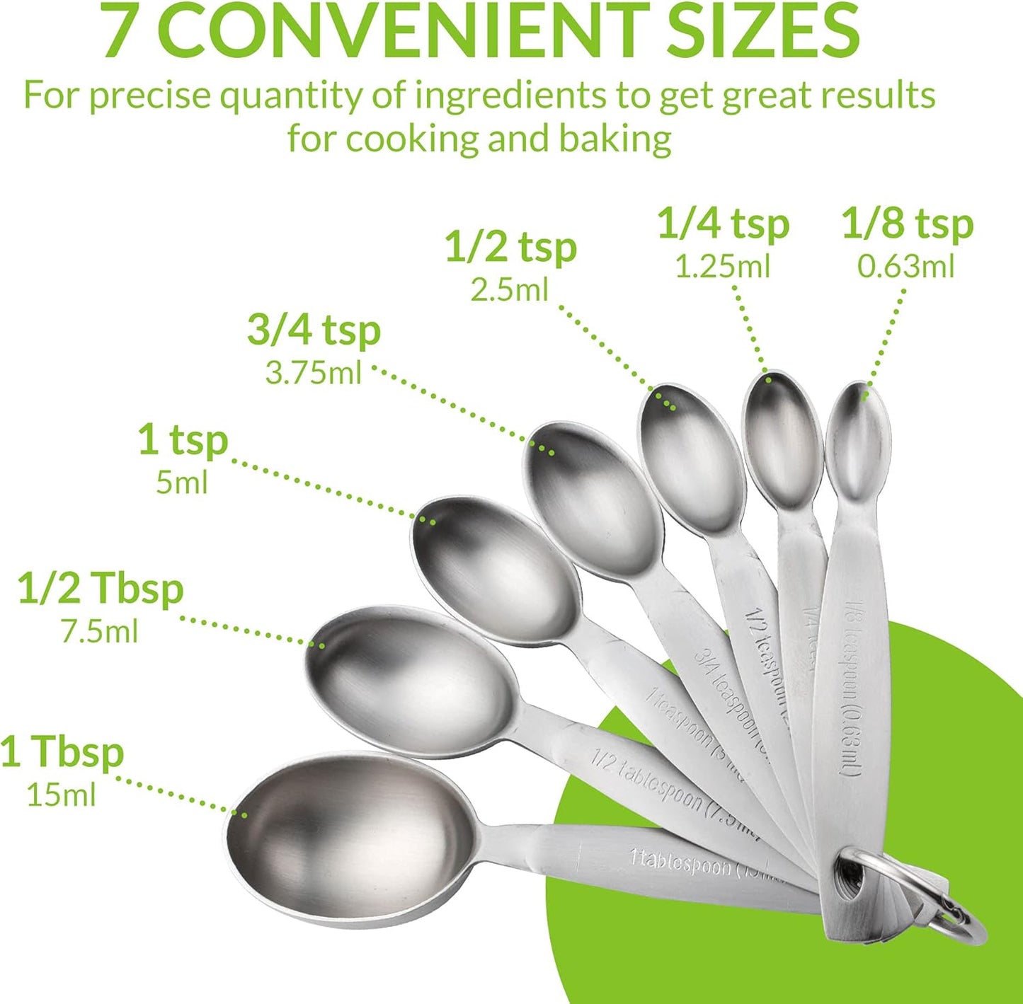 Spring Chef Measuring Spoons, Heavy Duty Oval Stainless Steel Metal, for Dry or Liquid - Fits in Spice Jar, Set of 7