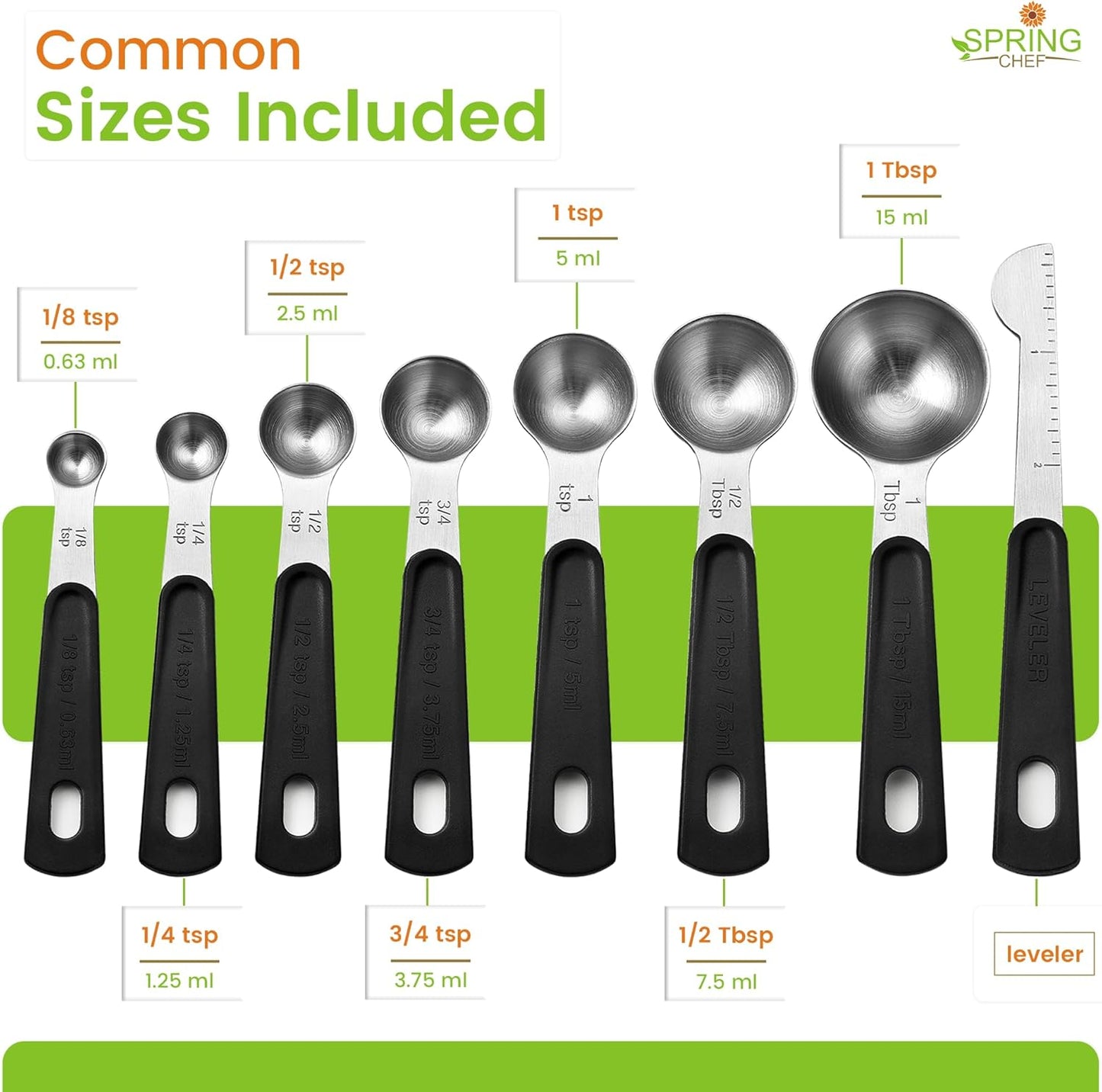 Spring Chef Stainless Steel Magnetic Measuring Spoons Set of 8 with Leveler, Round Metal Teaspoon & Tablespoon Measuring Spoons