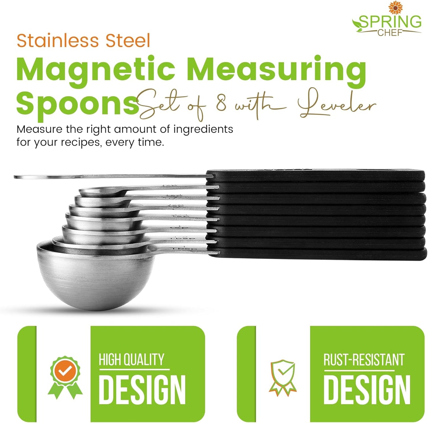 Spring Chef Stainless Steel Magnetic Measuring Spoons Set of 8 with Leveler, Round Metal Teaspoon & Tablespoon Measuring Spoons