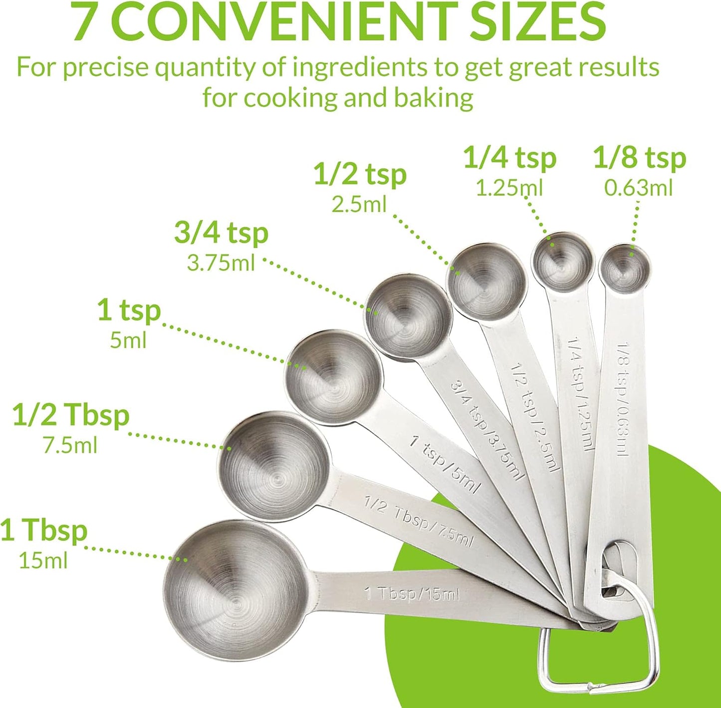Spring Chef Measuring Spoons, Heavy Duty Round Stainless Steel Metal, for Dry or Liquid - Set of 7
