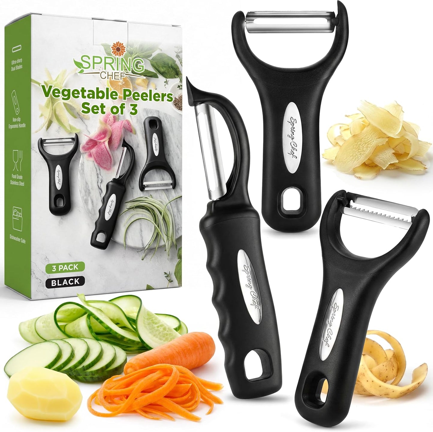 Spring Chef Vegetable Peelers for Kitchen - Stainless Steel Swivel, Y & Julienne Peelers