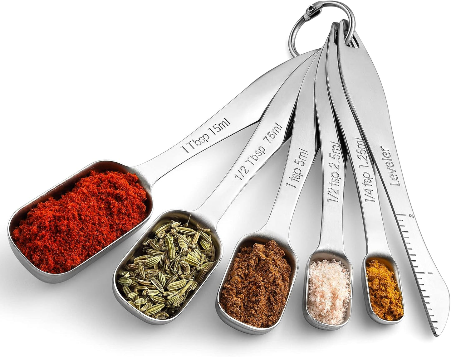Heavy Duty Rectangular Stainless Steel Metal Measuring Spoons (Set of 6 Including Leveler)
