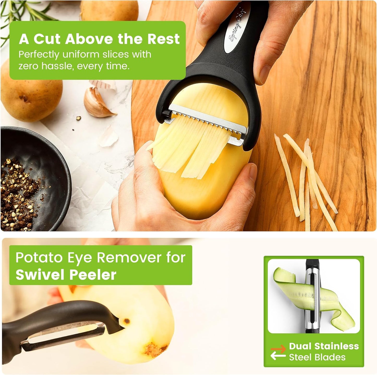 Spring Chef Swivel & Vegetable Julienne Peeler Set with Stainless Steel Sharp Blades -Black