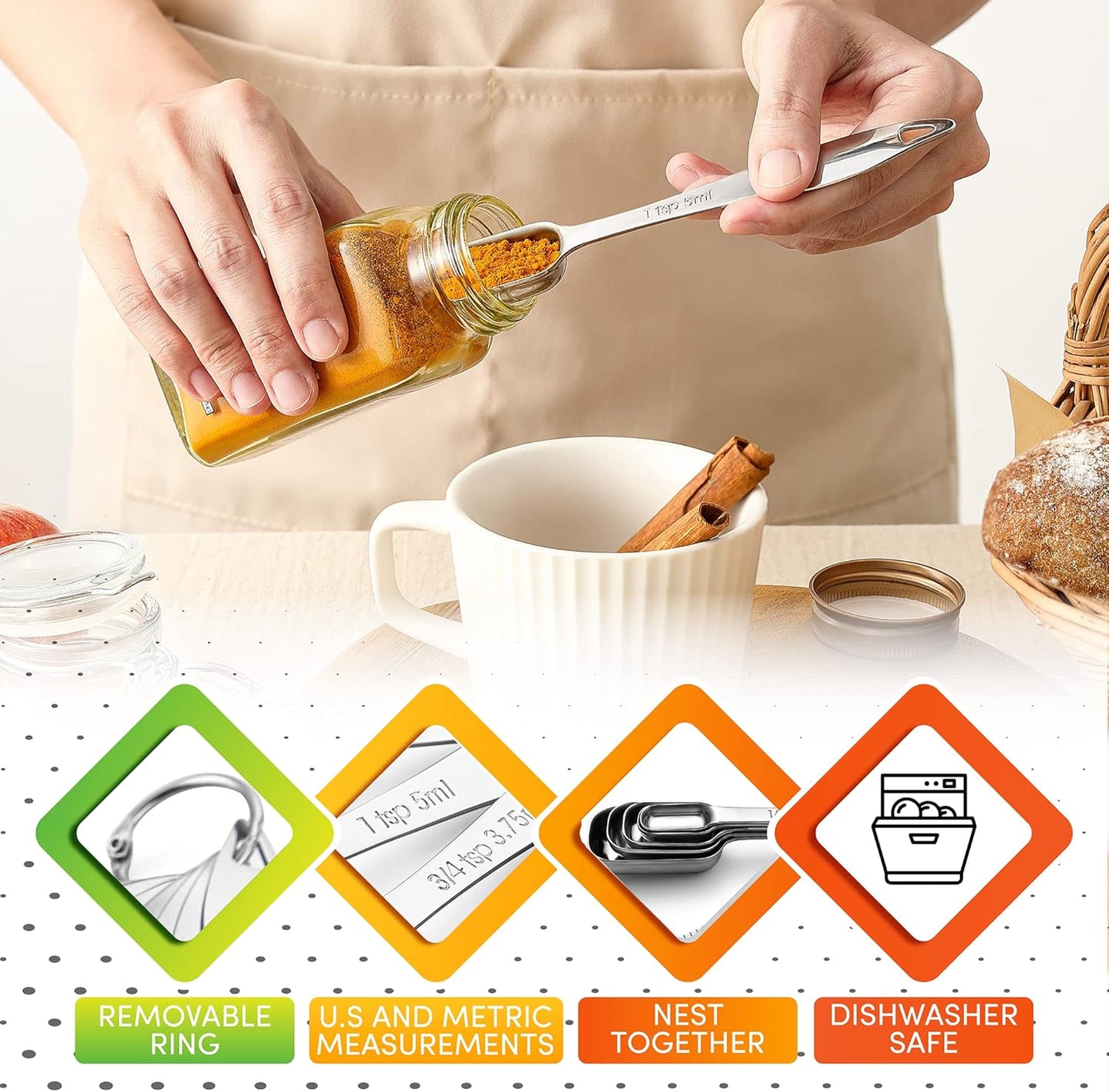 Heavy Duty Rectangular Stainless Steel Metal Measuring Spoons (Set of 6 Including Leveler)