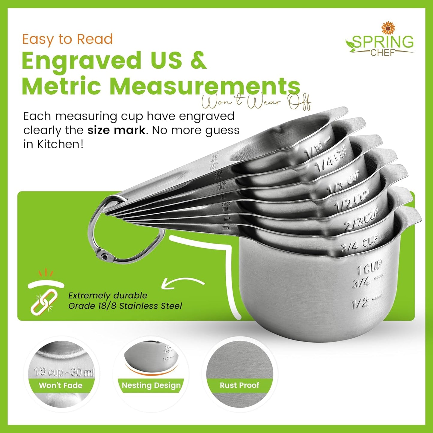Spring Chef Stainless Steel Measuring Cups, Set of 7