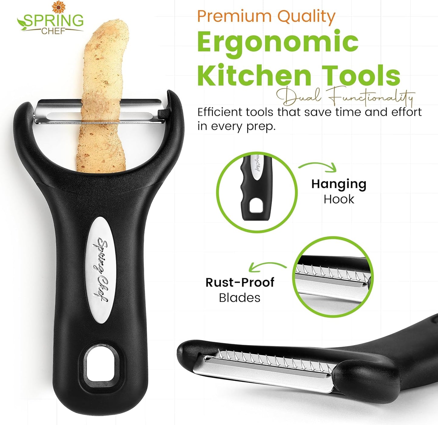 Spring Chef Vegetable Peelers for Kitchen - Stainless Steel Swivel, Y & Julienne Peelers