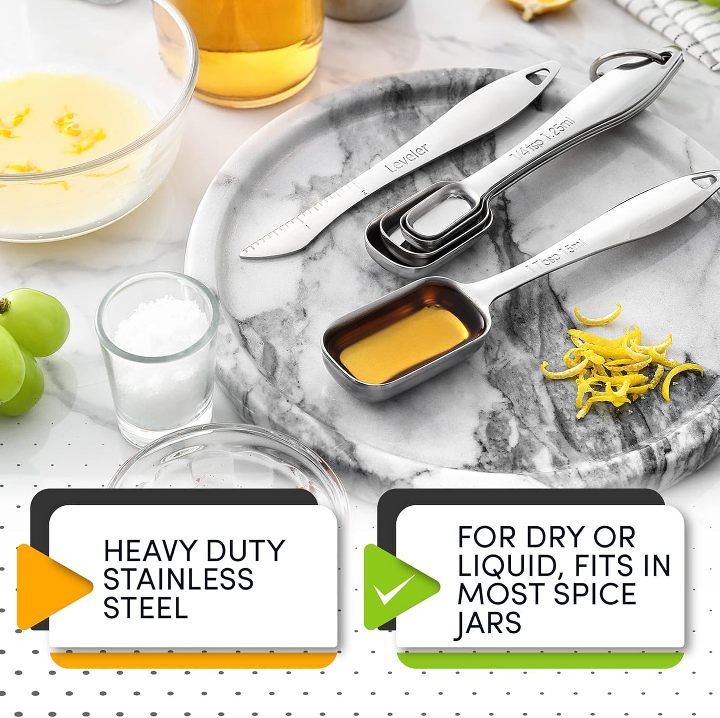 Heavy Duty Rectangular Stainless Steel Metal Measuring Spoons (Set of 6 Including Leveler)