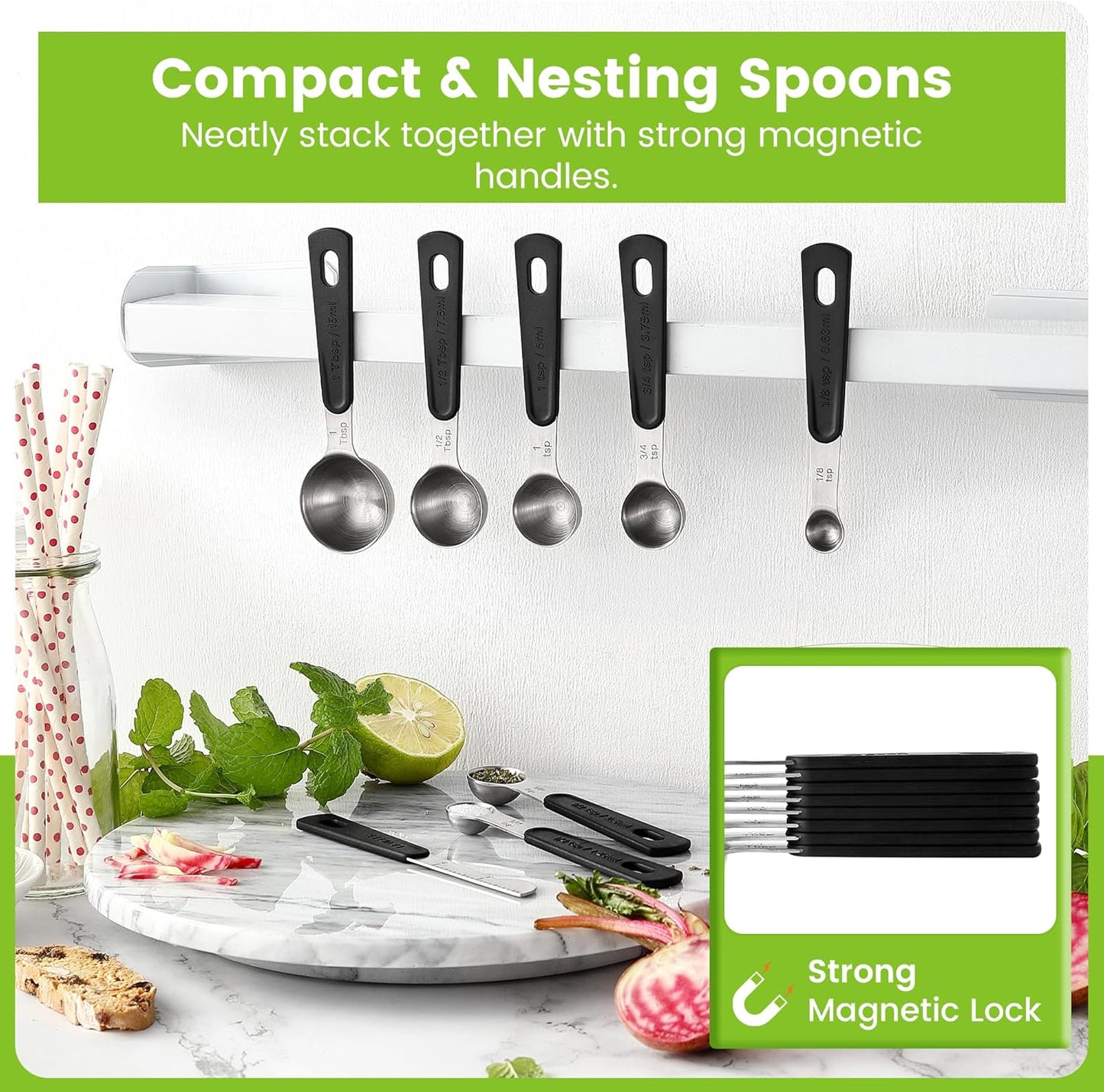Spring Chef Stainless Steel Magnetic Measuring Spoons Set of 8 with Leveler, Round Metal Teaspoon & Tablespoon Measuring Spoons