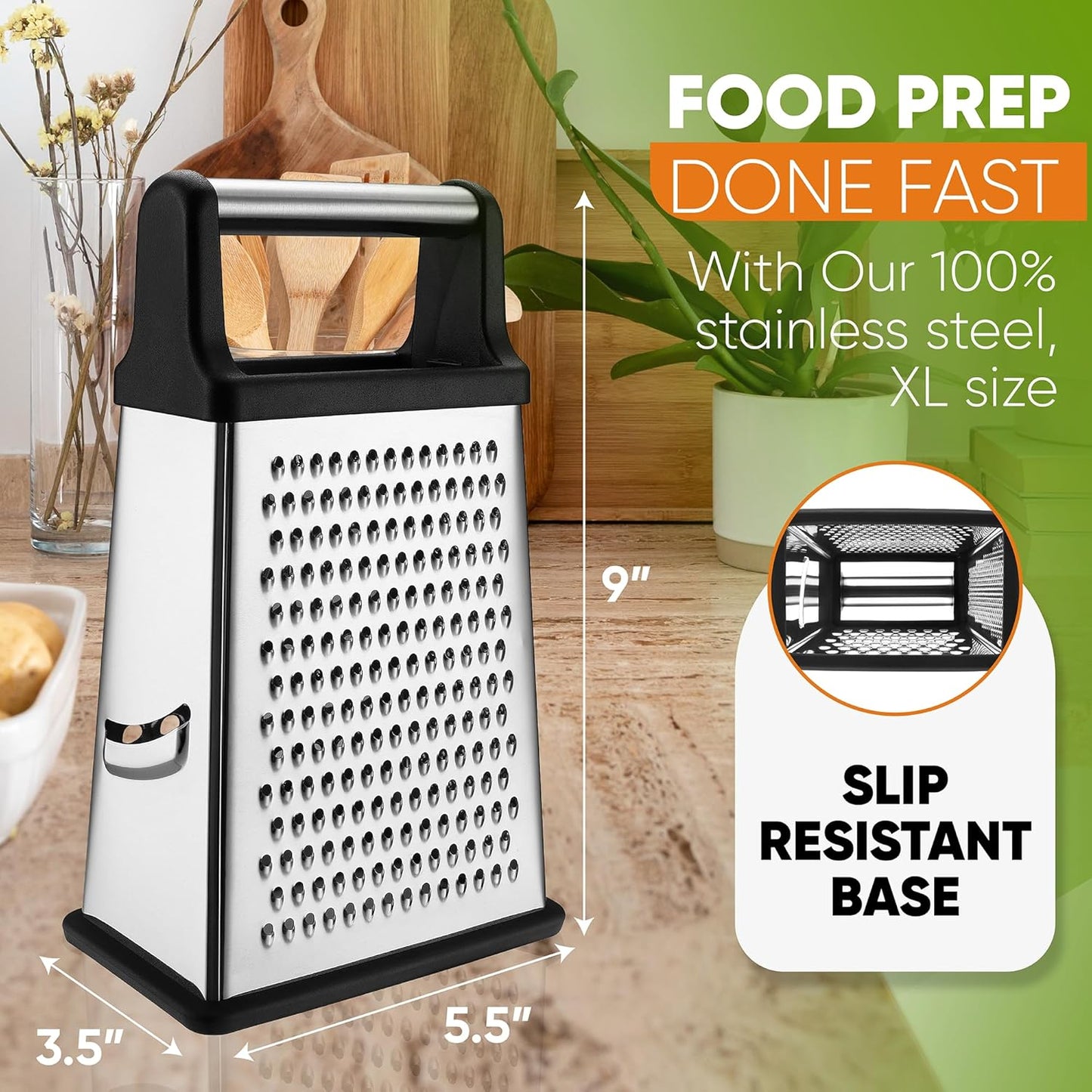 Professional Box Grater, Stainless Steel with 4 Sides, Best for Parmesan Cheese, Vegetables, Ginger, XL Size