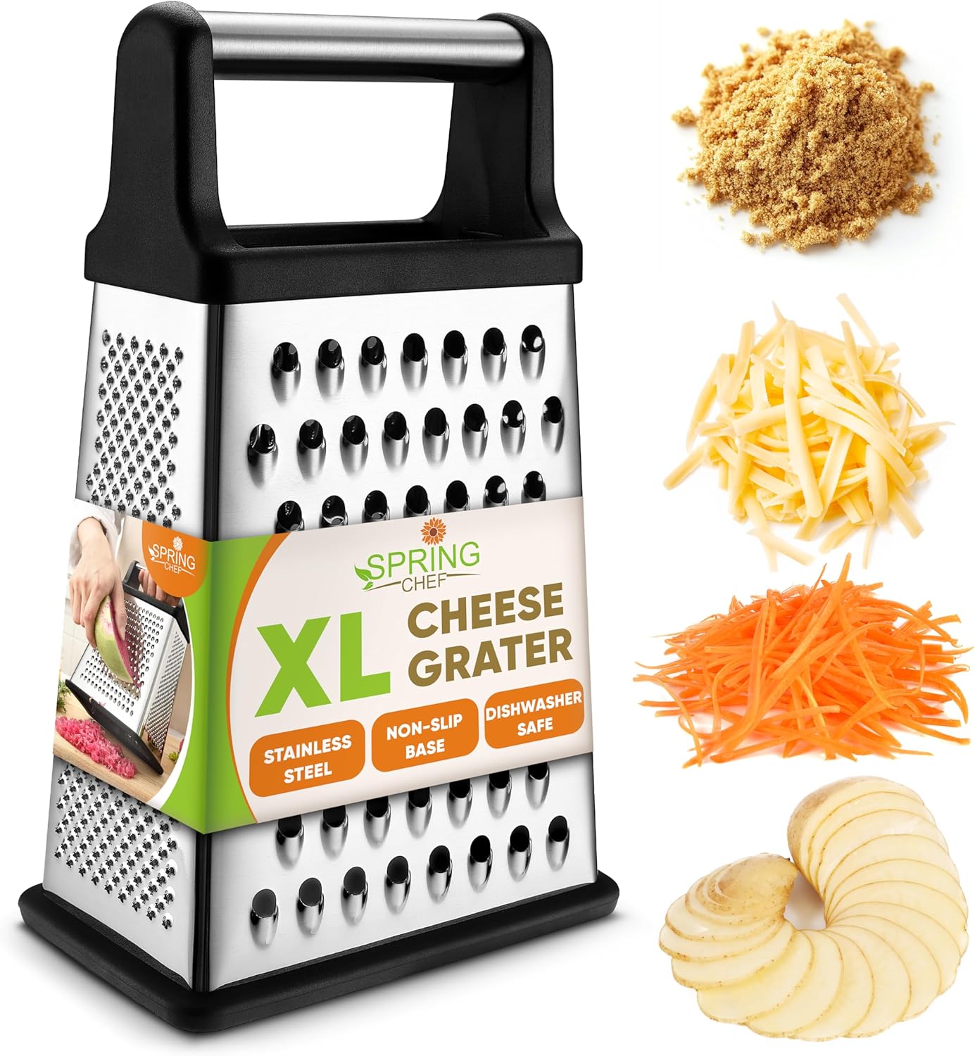 Professional Box Grater, Stainless Steel with 4 Sides, Best for Parmesan Cheese, Vegetables, Ginger, XL Size