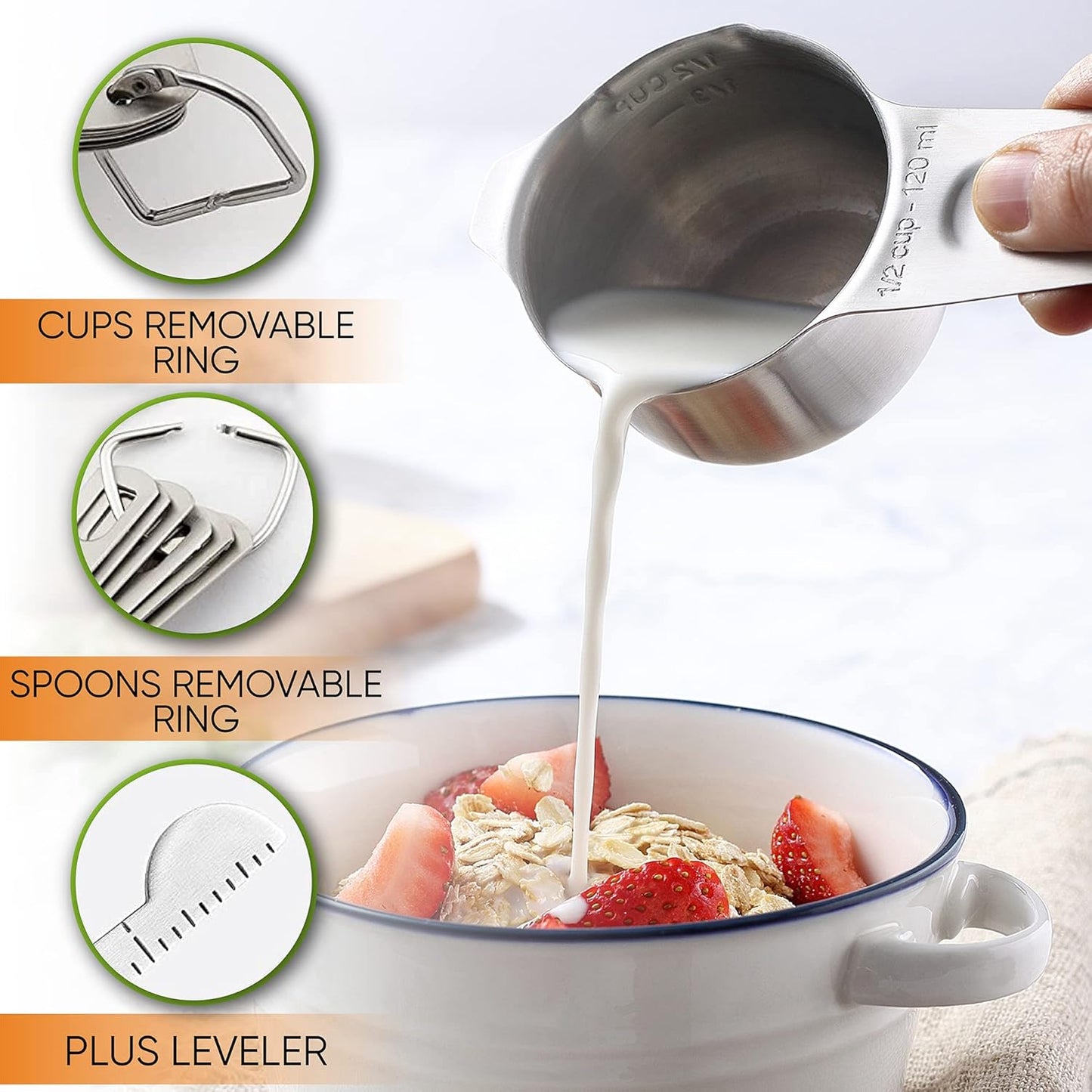 Spring Chef Measuring Cups and Spoons Set Stainless Steel - 15 piece Set of Baking Spoons and Cups with Leveler