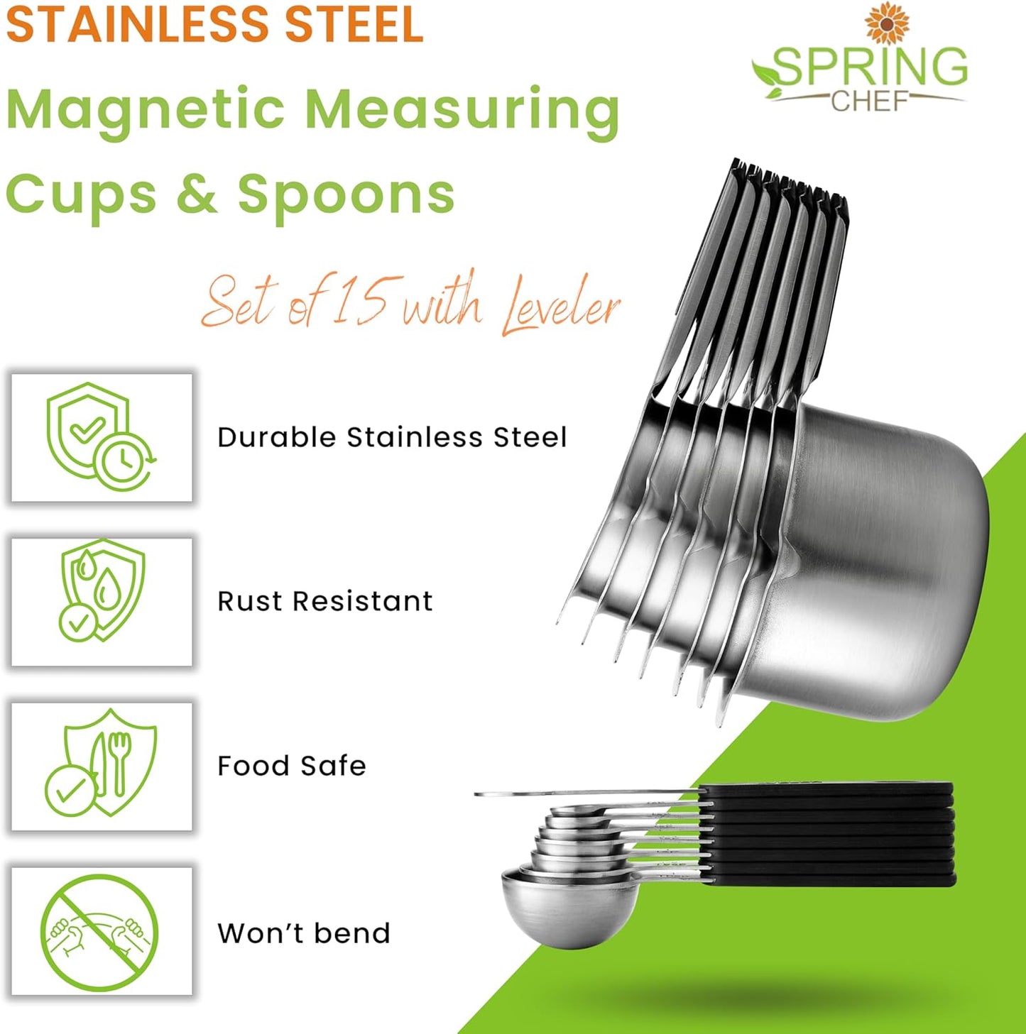 Spring Chef Magnetic Measuring Cups & Spoons Set (Patent Pending), Round Set of 15 with Leveler