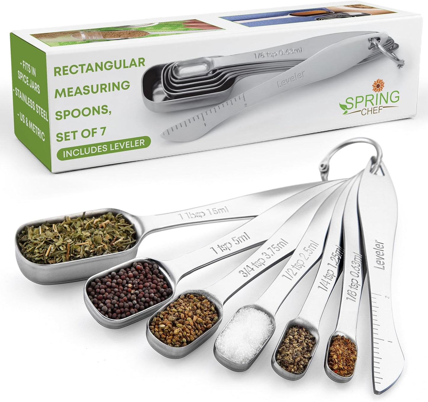 Heavy Duty Stainless Steel Metal Measuring Spoons (Set of 7 Including Leveler)