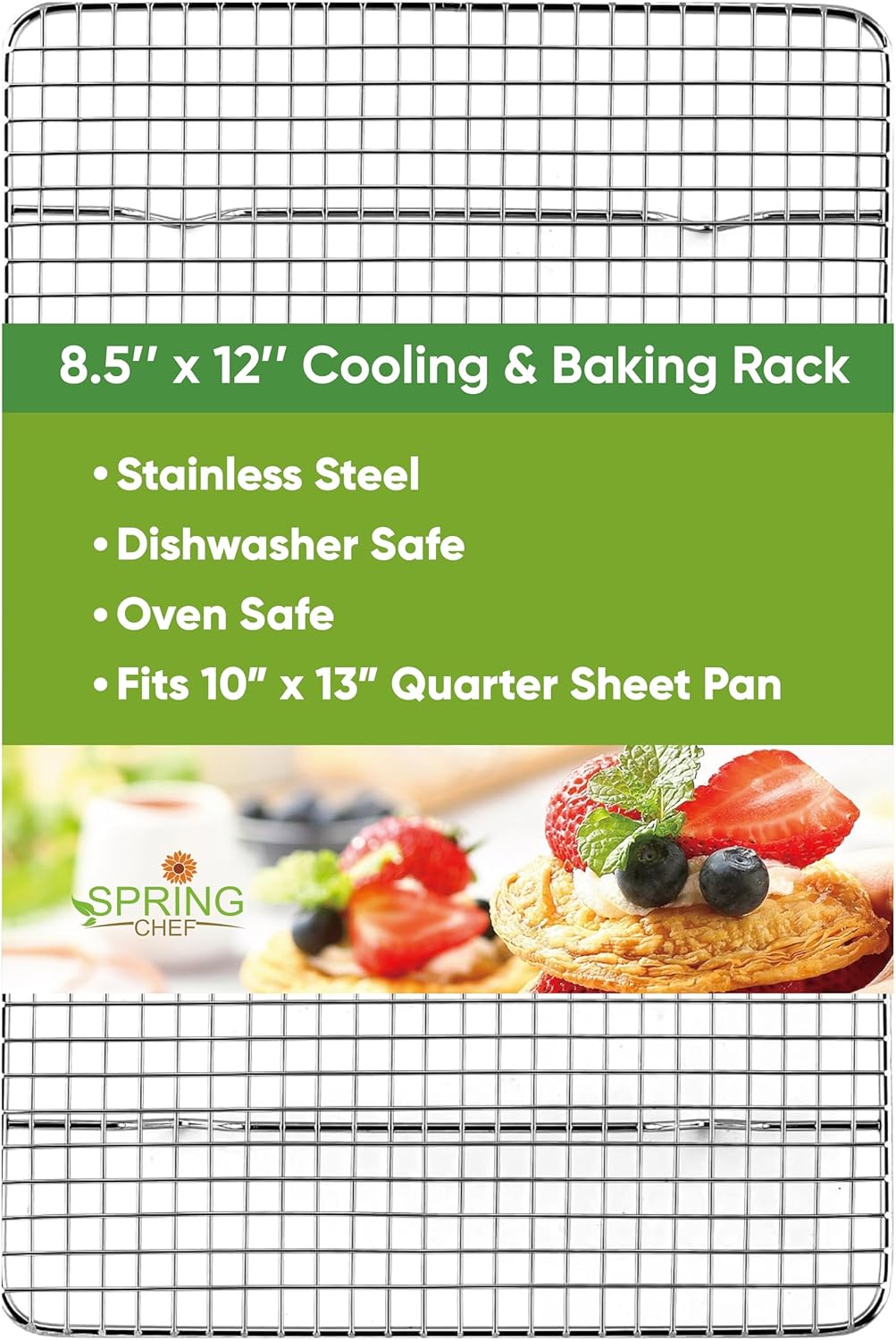 Spring Chef Cooling Rack - Baking Rack - Heavy Duty, 100% Stainless Steel, Oven Safe, 8.5" x 12" Fits Small Quarter Sheet Pan