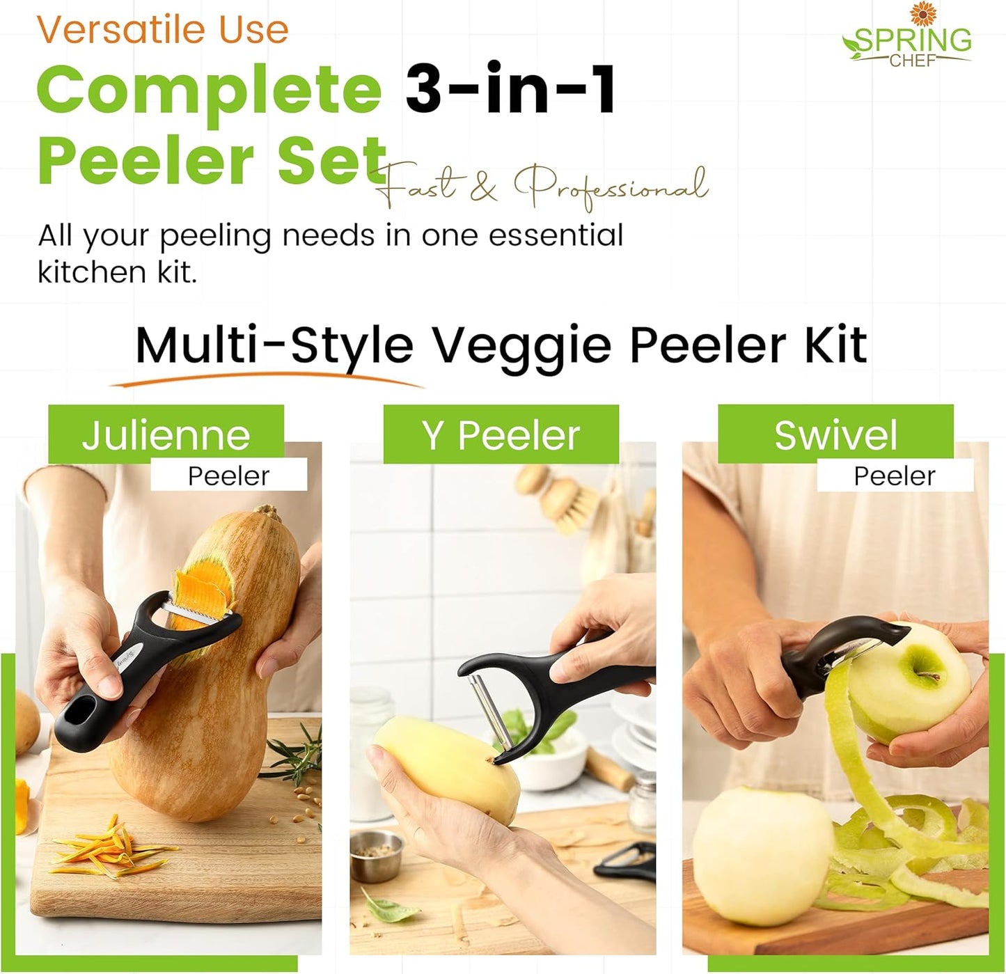 Spring Chef Vegetable Peelers for Kitchen - Stainless Steel Swivel, Y & Julienne Peelers