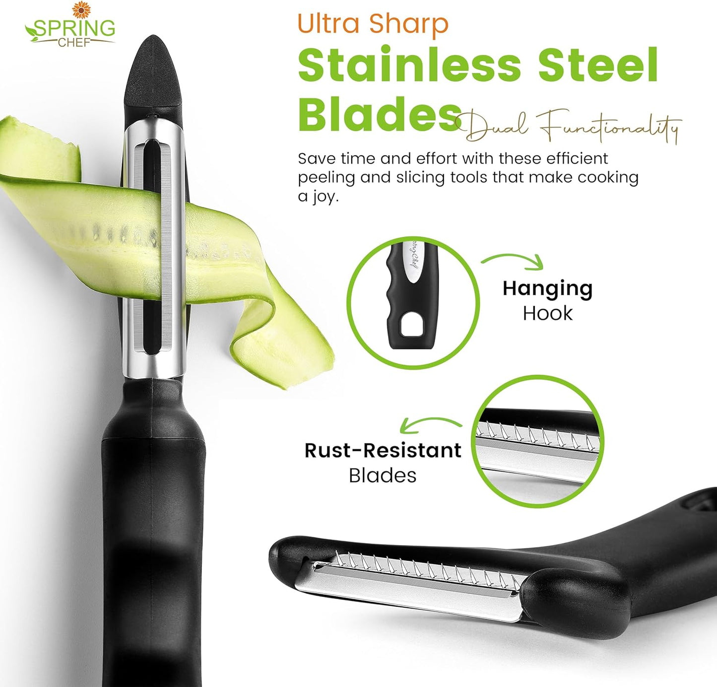 Spring Chef Swivel & Vegetable Julienne Peeler Set with Stainless Steel Sharp Blades -Black