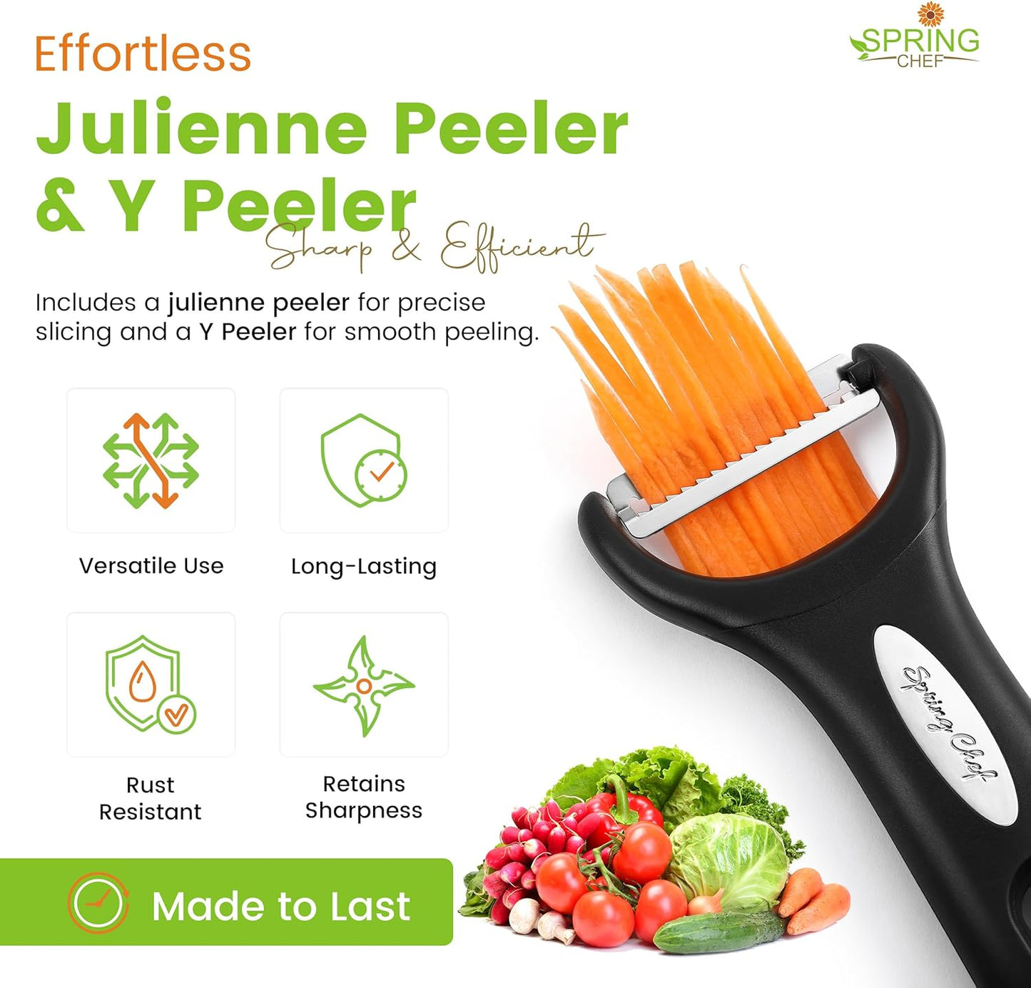 Spring Chef Premium Y & Vegetable Julienne Peeler Set for Kitchen with Stainless Steel Sharp Blades