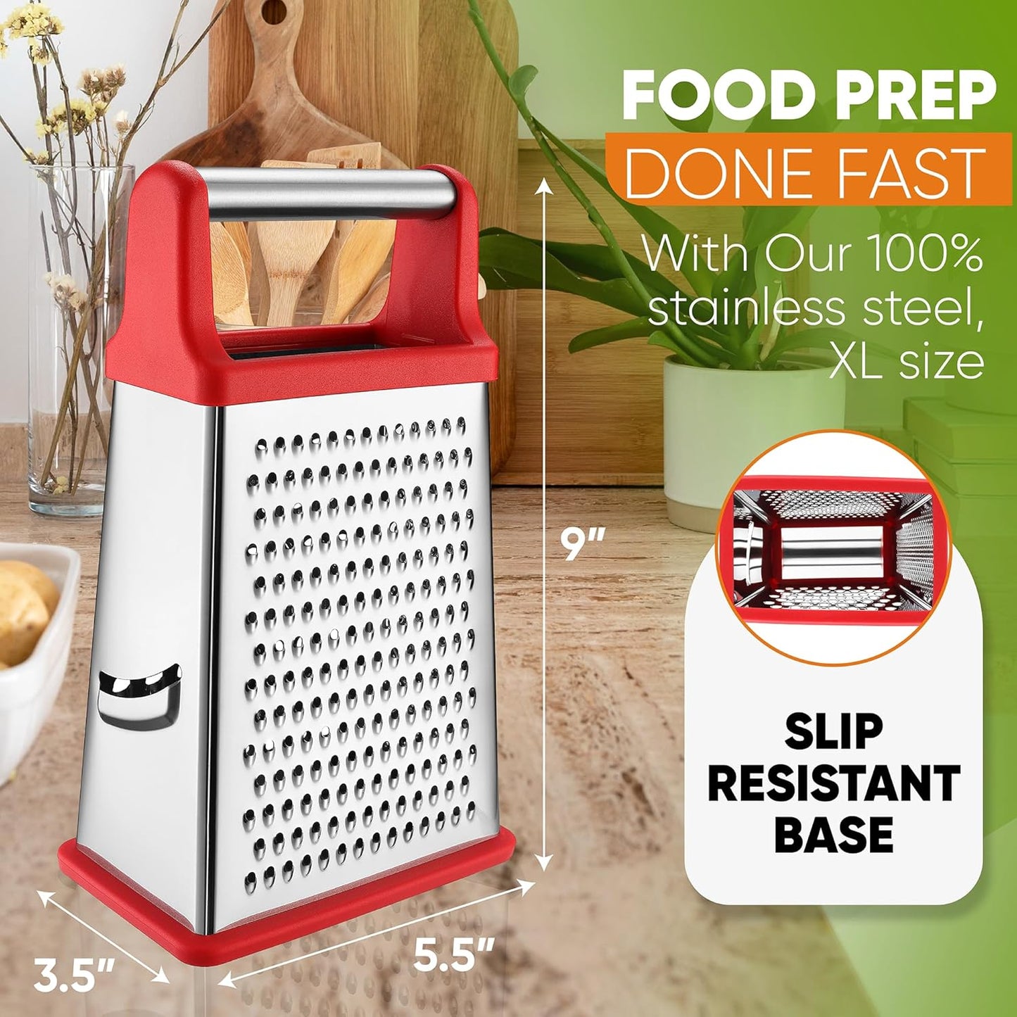 Professional Box Grater, Stainless Steel with 4 Sides, Best for Parmesan Cheese, Vegetables, Ginger, XL Size