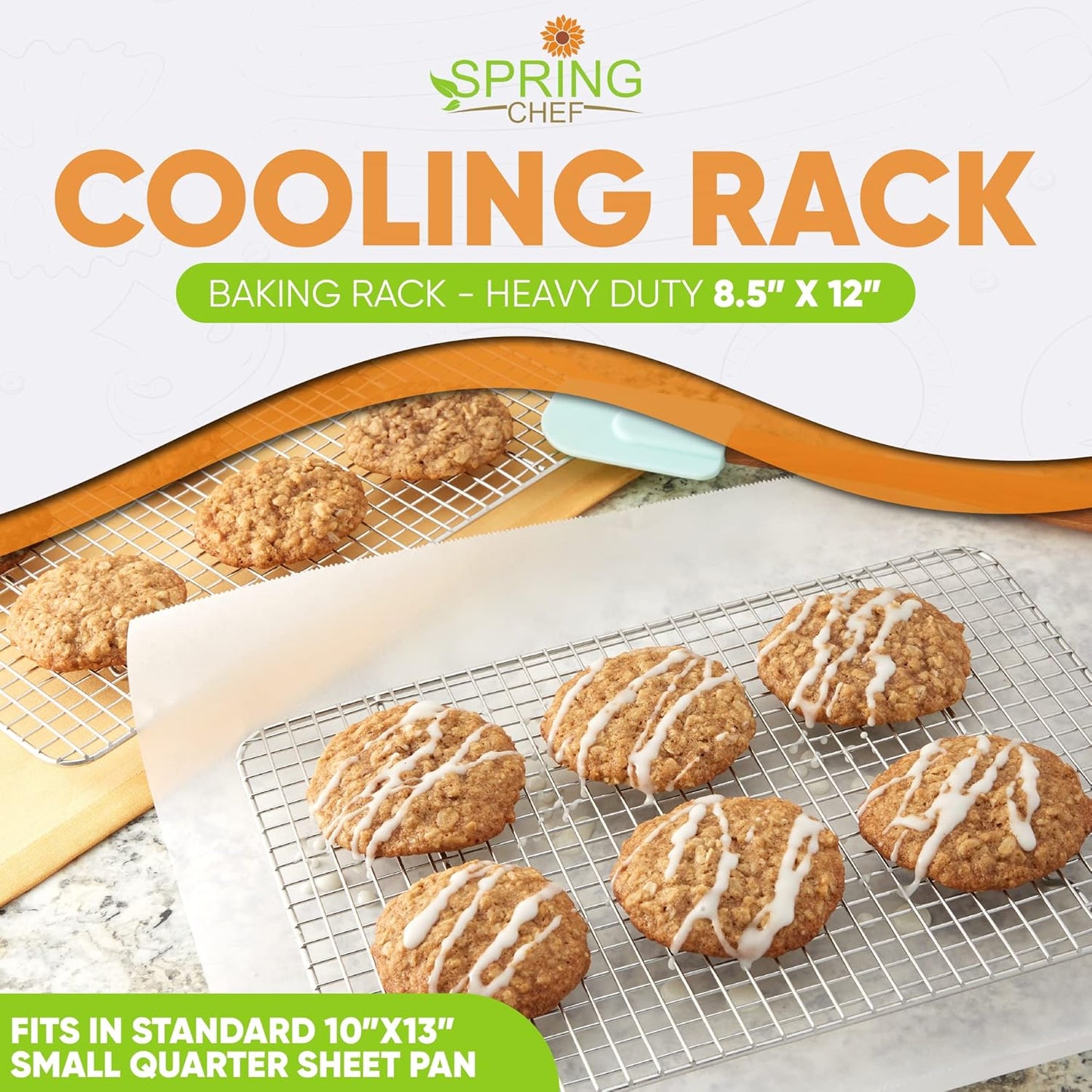 Spring Chef Cooling Rack - Baking Rack - Heavy Duty, 100% Stainless Steel, Oven Safe, 8.5" x 12" Fits Small Quarter Sheet Pan