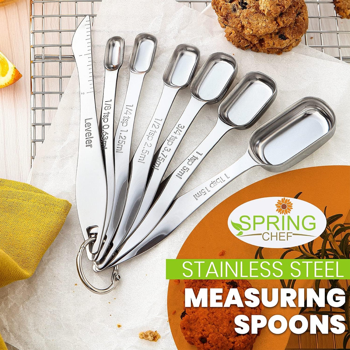 Heavy Duty Stainless Steel Metal Measuring Spoons (Set of 7 Including Leveler)