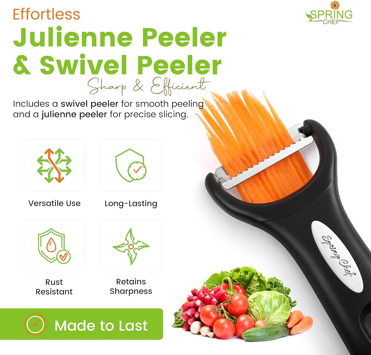 Spring Chef Swivel & Vegetable Julienne Peeler Set with Stainless Steel Sharp Blades -Black
