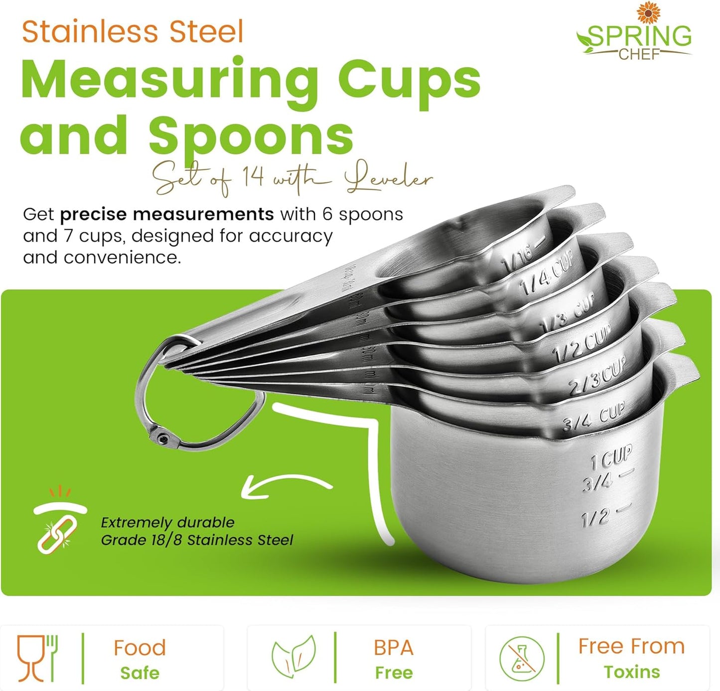 Spring Chef Stainless Steel Measuring Cups and Spoons Set of 14 with Leveler