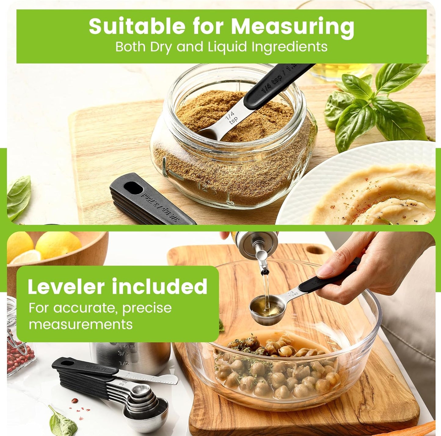 Spring Chef Stainless Steel Magnetic Measuring Spoons Set of 8 with Leveler, Round Metal Teaspoon & Tablespoon Measuring Spoons