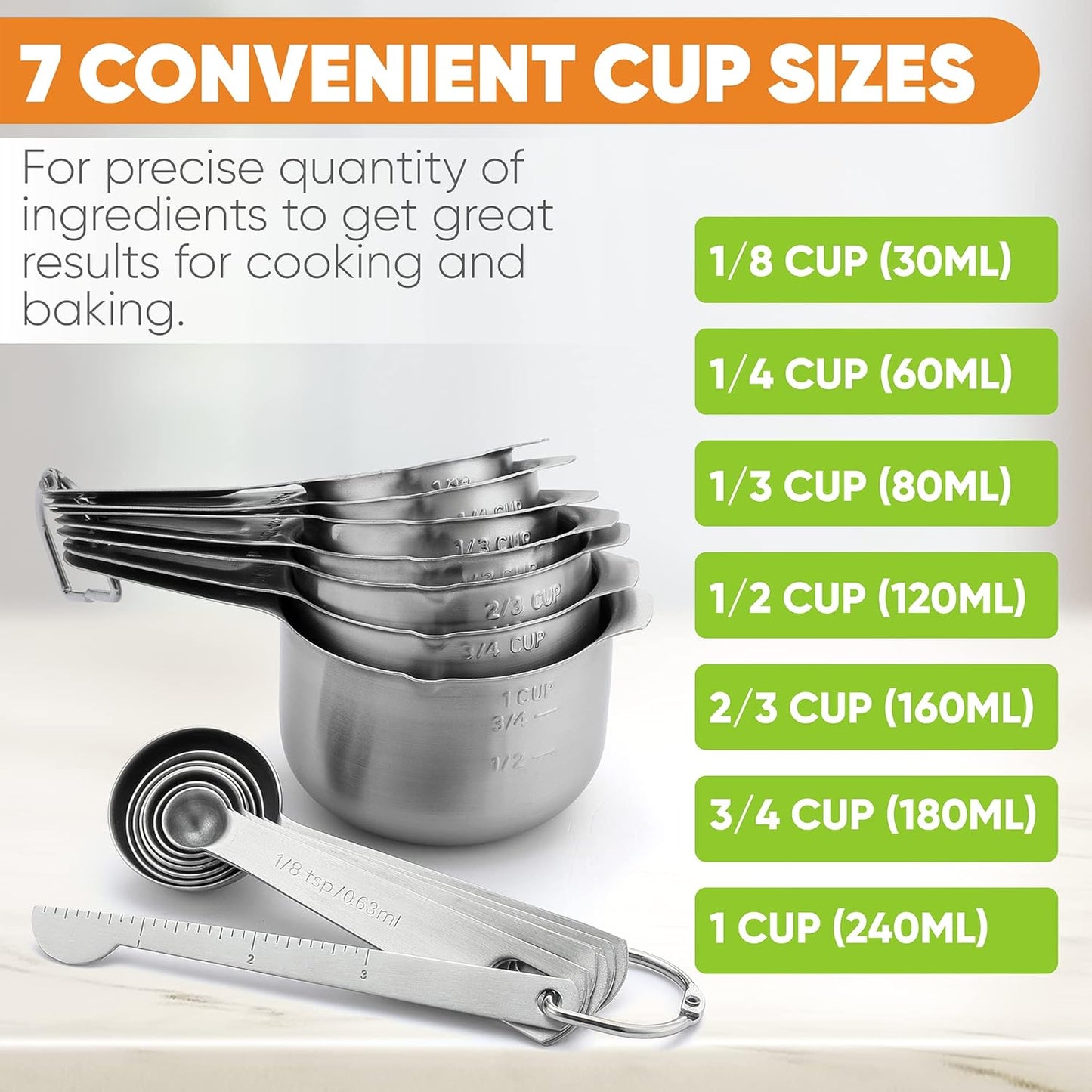 Spring Chef Measuring Cups and Spoons Set Stainless Steel - 15 piece Set of Baking Spoons and Cups with Leveler