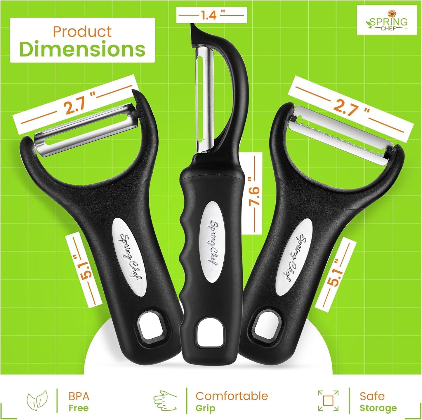 Spring Chef Vegetable Peelers for Kitchen - Stainless Steel Swivel, Y & Julienne Peelers