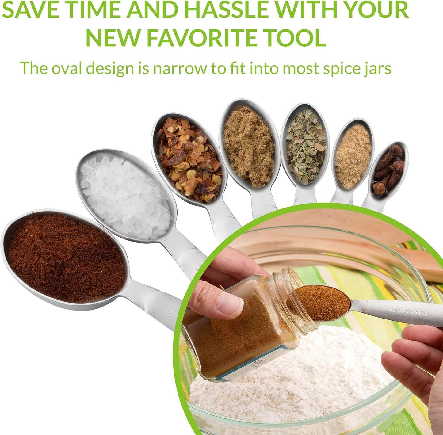 Spring Chef Measuring Spoons, Heavy Duty Oval Stainless Steel Metal, for Dry or Liquid - Fits in Spice Jar, Set of 7