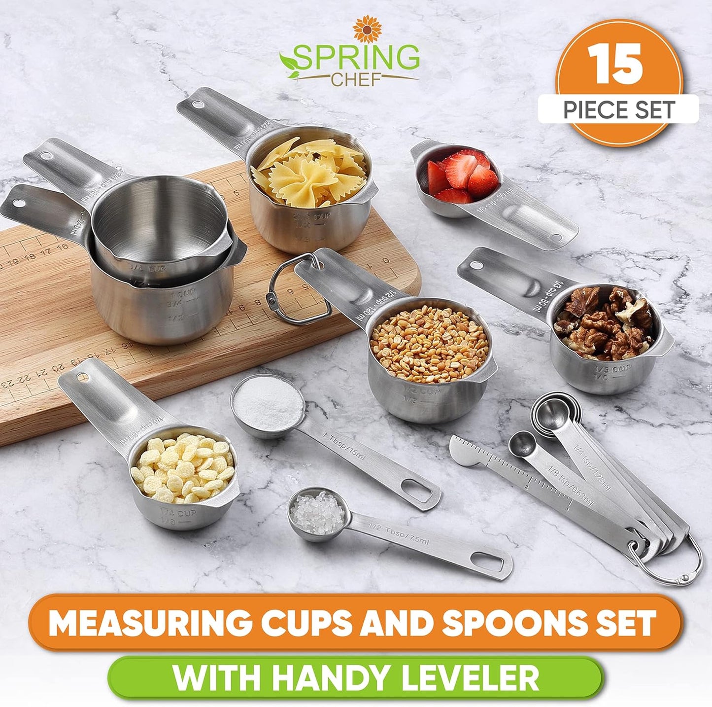 Spring Chef Measuring Cups and Spoons Set Stainless Steel - 15 piece Set of Baking Spoons and Cups with Leveler